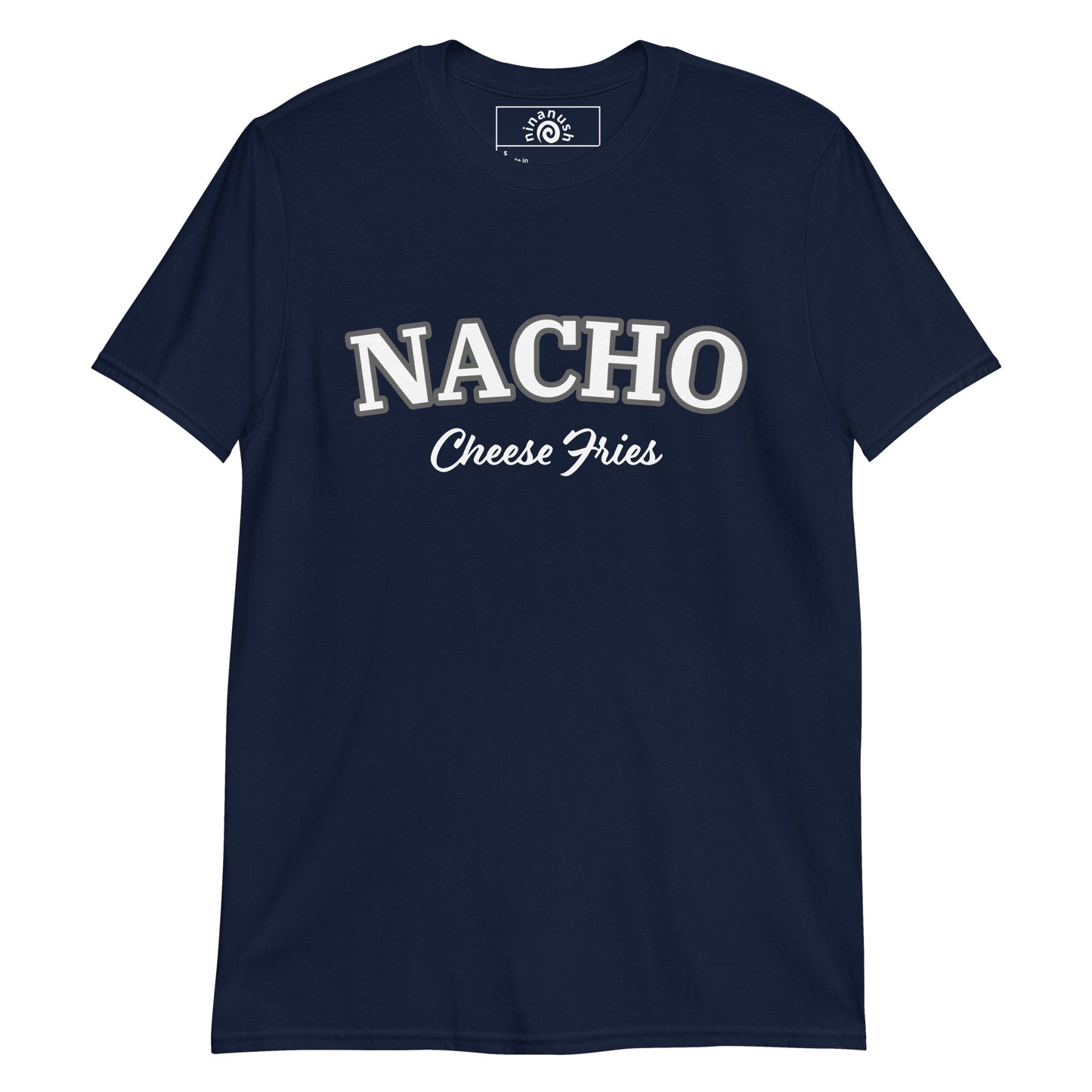 Navy Nacho Cheese Fries T-shirt from Nina's Funky Shop by ninanush - Do you love Nacho Cheese Fries? Need funny foodie gift? This Nacho Cheese Fries Shirt is just for you! It's soft, made of cotton and has a varsity t-shirt design, expertly printed on the front. This nacho cheese enthusiast tee comes in black and navy and makes the perfect foodie shirt for French Fry lovers of all kinds.