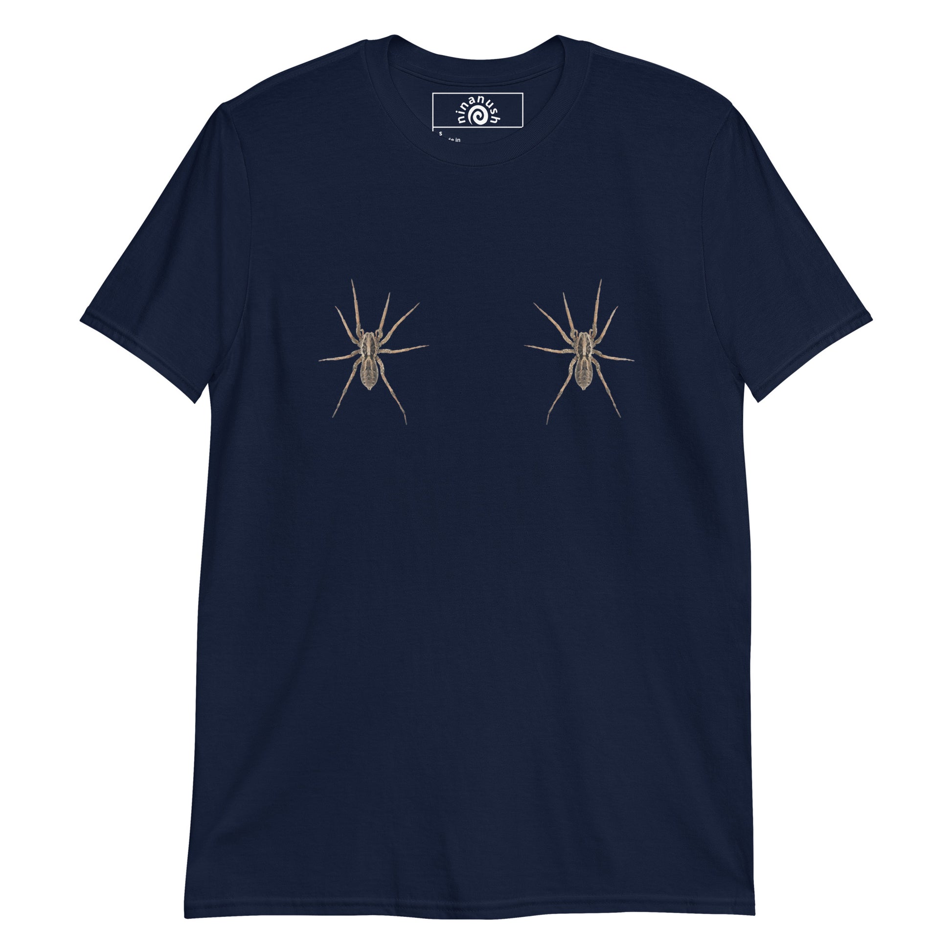 Navy Wolf Spider Boobs T-shirt from Nina's Funky Shop by ninanush - Do you like spiders? Looking for a funny Halloween shirt? This spooky spider T-Shirt is just what you need. It's a soft and comfortable cotton shirt with a two wolf spiders on the chest. Our funny spider t-shirt design is expertly printed and made just for you. Stay weird and stand out in this wolf spider t-shirt.