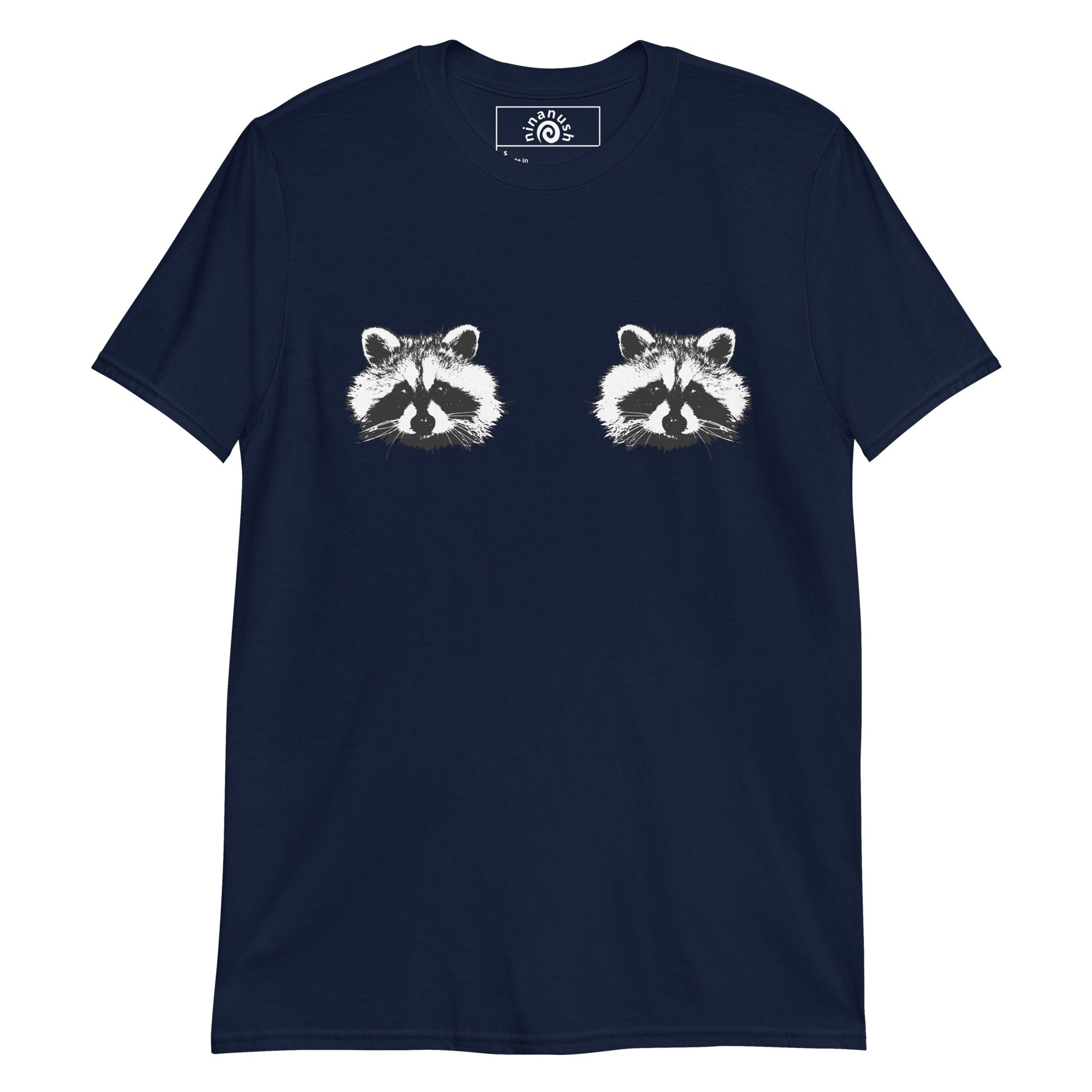 Navy Raccoon Boobs T-shirt from Nina's Funky Shop by ninanush - Do you love raccoons? Looking for a fun raccoon gift? This funny raccoon t-shirt is just what you need. It's a soft and comfortable cotton shirt with raccoons on the chest. Our black and white raccoons t-shirt design is expertly printed and made just for you. Stay weird and stand out in this raccoon boobs t-shirt.