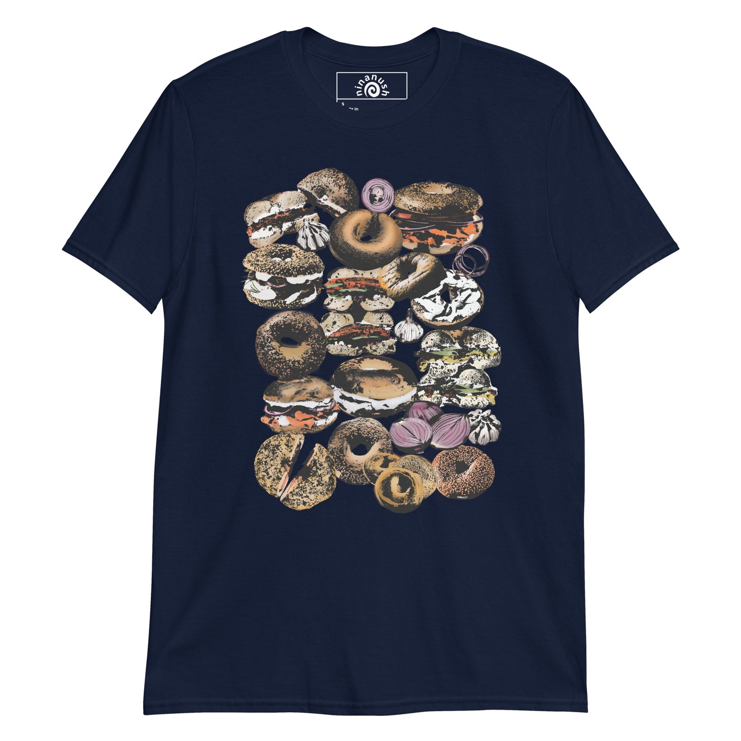 Navy Funky Bagel Shirt from Nina's Funky Shop by ninanush - Are you a bagel enthusiast? Looking for a bagel lover gift? This funky and colorful bagel shirt features bagels, garlic and onions together in the ultimate bagel lover shirt design. Stand out and eat bagels in this funky everything bagel shirt. It's a funny foodie t-shirt for bagel addicts and foodies of all kinds. 