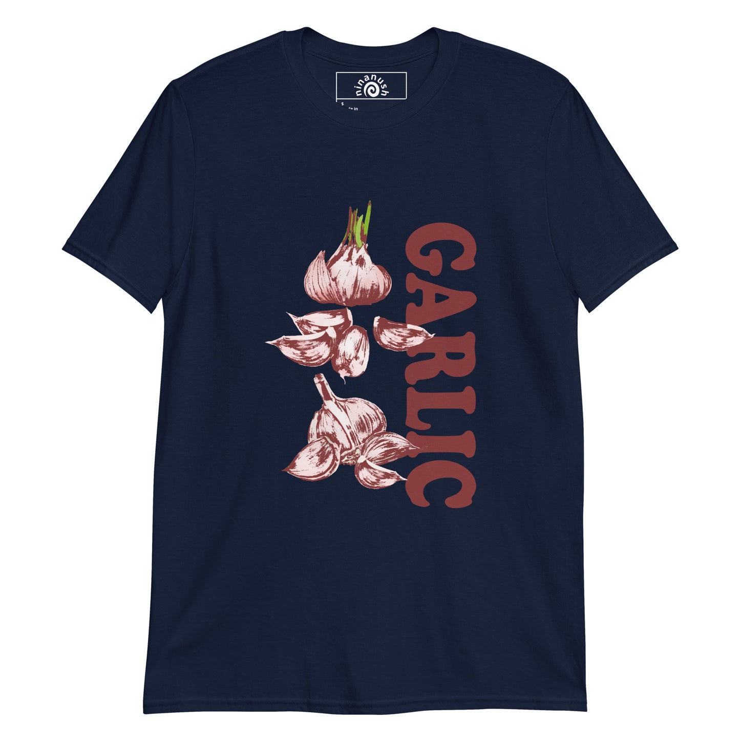 Navy Garlic t-shirt from Nina's funky Shop by ninanush - Do you love garlic? Looking for a fun foodie gift? Our funky Garlic T-shirt is just what you need. It's a soft and comfortable garlic graphic tee with a unique garlic design, expertly printed on the front. Stand out in this garlic lover t-shirt. It's the perfect funny foodie t-shirt for garlic enthusiasts and foodies of all kinds.