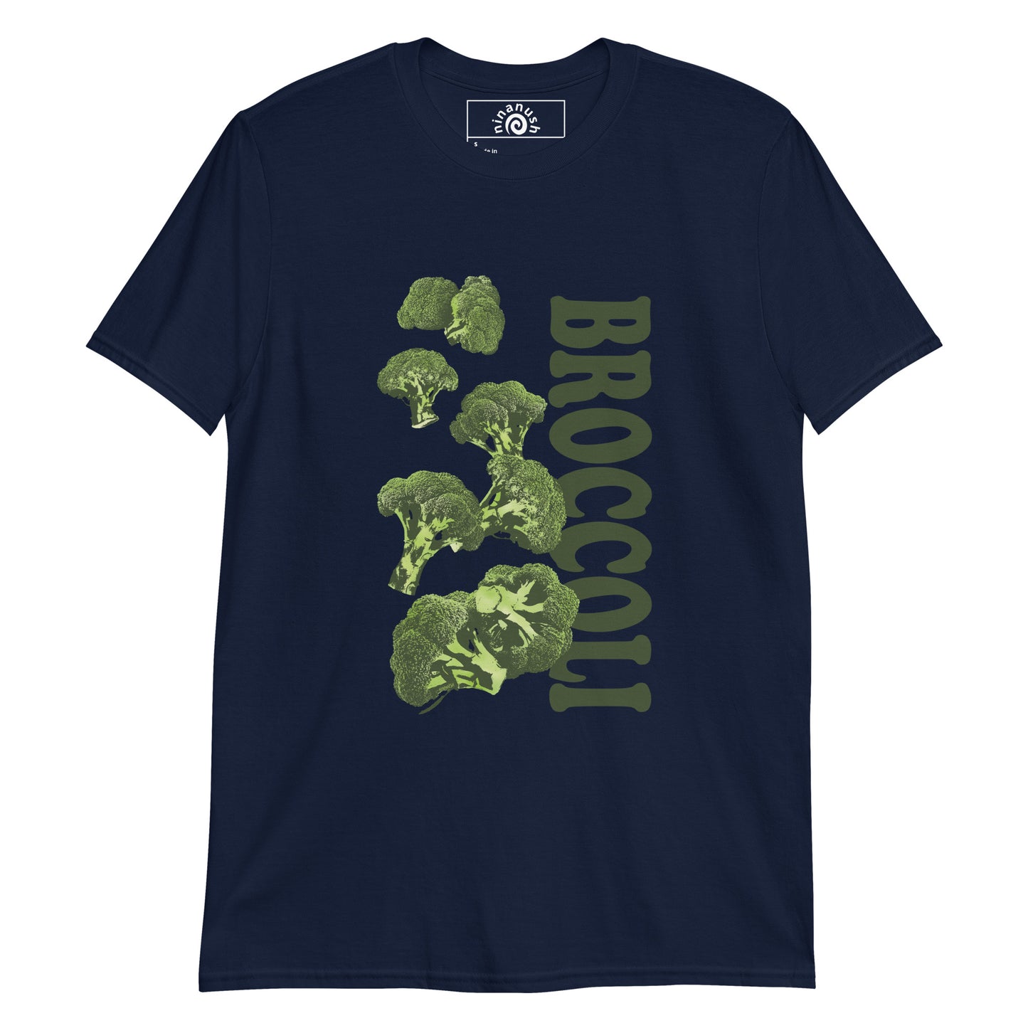 Navy broccoli t-shirt from Nina's Funky Shop by ninanush - Love broccoli? Looking for a funny gift? This green broccoli T-shirt has an unique veggie design by Nina, expertly printed on the front. Stand out and make a statement in this weird foodie t-shirt. It's the perfect funny foodie t-shirt for broccoli enthusiasts and foodies or a gift for quirky t-shirt lovers of all kinds.