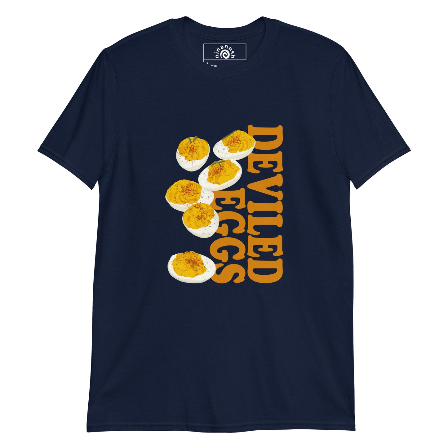 Navy deviled eggs t-shirt from Nina's Funky Shop by ninanush - Love deviled eggs? Looking for a funny gift for a friend? Our colorful Deviled Eggs T-shirt is just what you need. It's an egg lover t-shirt with an original design on the front. Stand out in this weird graphic tee and eat your favorite deviled eggs. It's the perfect funny foodie t-shirt for deviled egg enthusiasts.