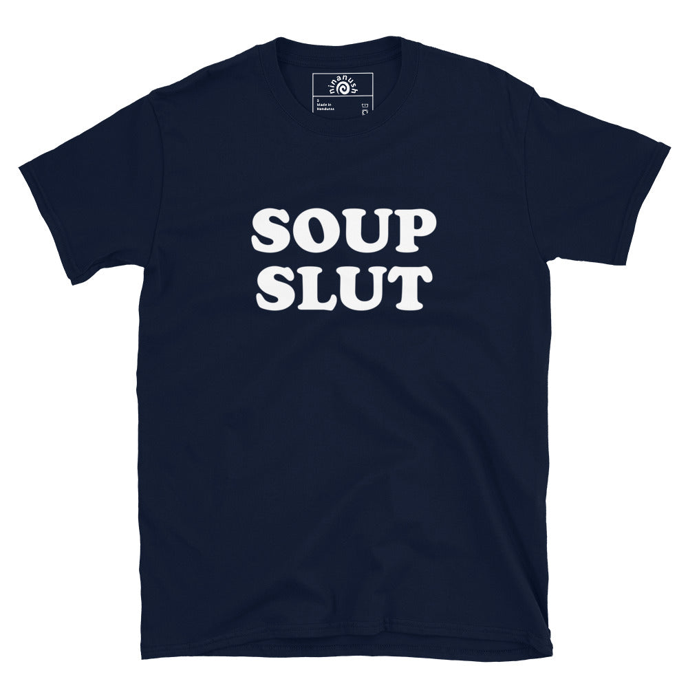 Navy Soup Slut T-shirt from Nina's Funky Shop by ninanush - Do you love soup? Looking for a funny gift for a friend? Our Soup Slut Crewneck T-shirt is soft, comfortable and just what you need. It's a unisex foodie shirt that comes in a variety of colors with "soup slut", expertly printed on the front. A funny foodie tee for soup enthusiasts of all kinds. Celebrate your favorite foods in our funky foodie apparel!