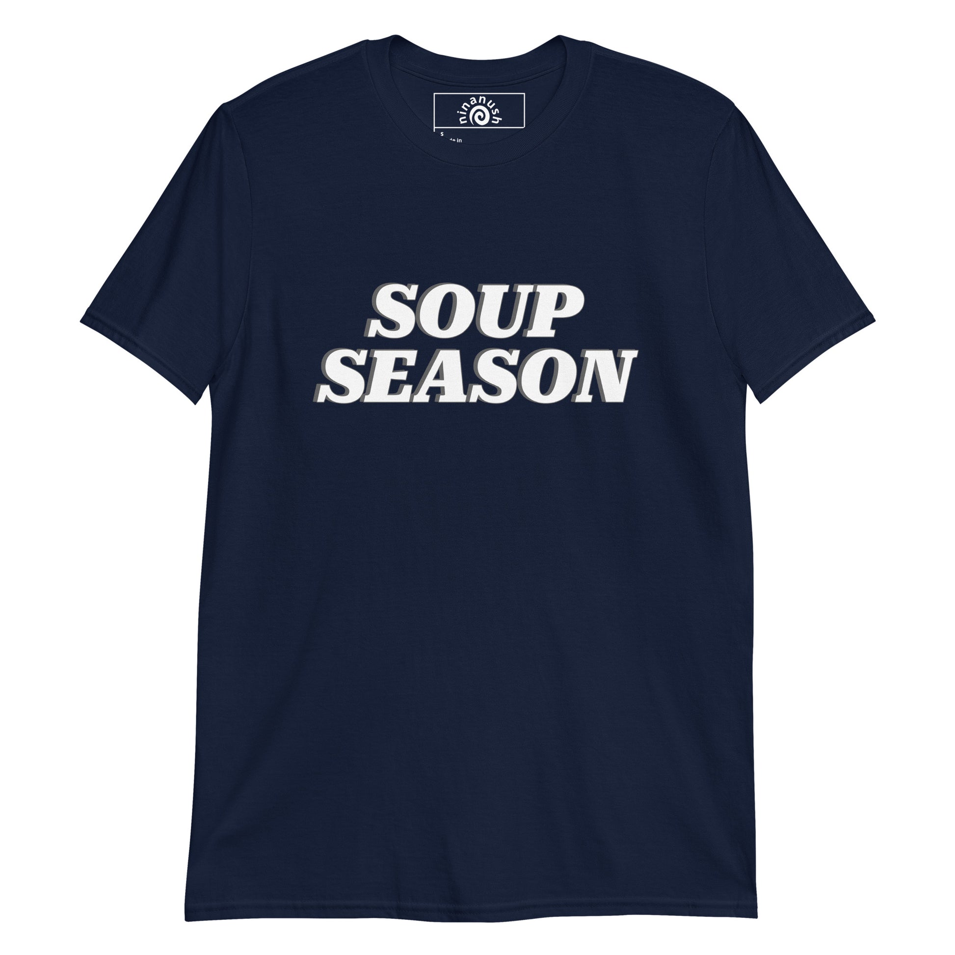 Navy Soup Season T-shirt from Nina's Funky Shop by ninanush - Do you love soup? Looking for a funny gift for a soup enthusiast? Our Soup Season T-shirt is soft, comfortable and just what you need. It's a unisex soup lover graphic tee that comes in a variety of colors with "Soup Season", expertly printed on the front. A funny foodie t-shirt for soup enthusiasts and winter food lovers.