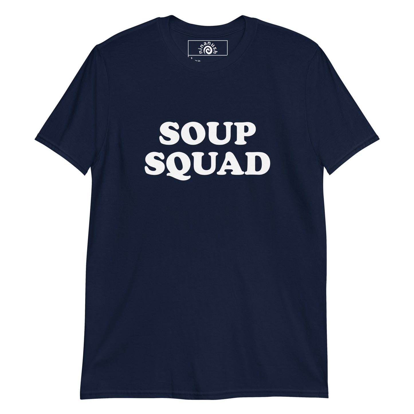 Navy Soup Squad T-shirt from Nina's Funky Shop by ninanush - Do you love soup? Looking for a funny gift for a soup enthusiast? Our Soup Squad T-shirt is soft, comfortable and just what you need. It's a unisex soup lover shirt that comes in a variety of colors with "Soup Squad", expertly printed on the front. A funny foodie t-shirt for soup enthusiasts of all kinds. Celebrate your favorite foods in our funky foodie apparel!