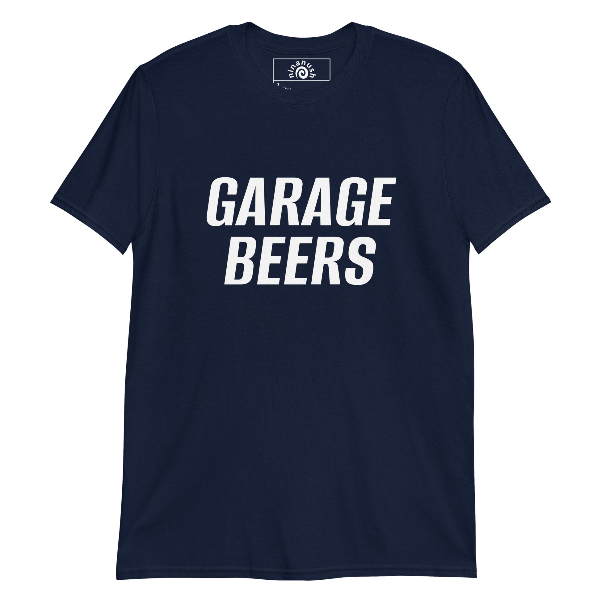 Navy Garage Beers T-shirt from Nina's Funky Shop by ninanush - Do you love beer? Looking for a funny gift for a friend? Our Garage Beers Crewneck T-shirt is soft, comfortable and just what you need. It's a unisex t-shirt that comes in a variety of colors with "Garage Beers", expertly printed on the front. A funny beer t-shirt for everyday. Celebrate your favorite food and drinks in our funky foodie apparel!