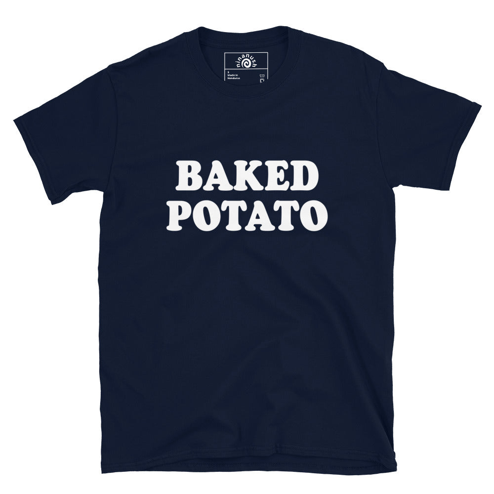 Navy Baked Potato T-shirt from Nina's Funky Shop by ninanush - Do you love potatoes? Looking for a funny foodie gift? Our Baked Potato T-shirt is soft, comfortable and just what you need. It's a unisex crewneck t-shirt that comes in a variety of colors with "Baked Potato", expertly printed on the front. A funny foodie t-shirt for baked potato enthusiasts and foodies of all kinds.