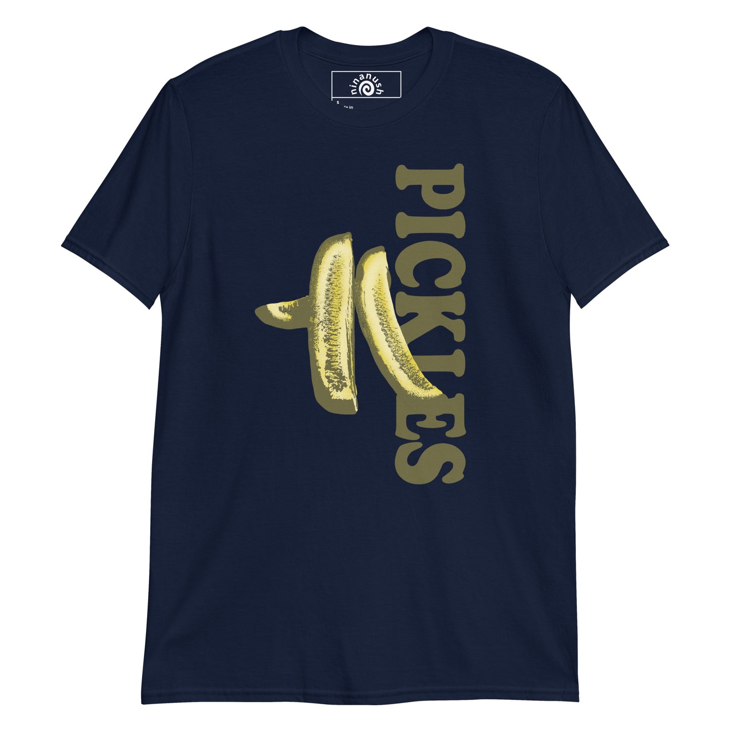 Navy Pickles T-shirt from Nina's Funky Shop by ninanush - Do you love pickles? Looking for a unique pickle gift? Our Pickle Spears T-shirt is just what you need. It's a soft and comfortable pickles graphic tee with a funky pickle design, expertly printed on the front. Stand out in this pickle lover t-shirt. It's the perfect funny foodie t-shirt for pickle enthusiasts and foodies of all kinds.