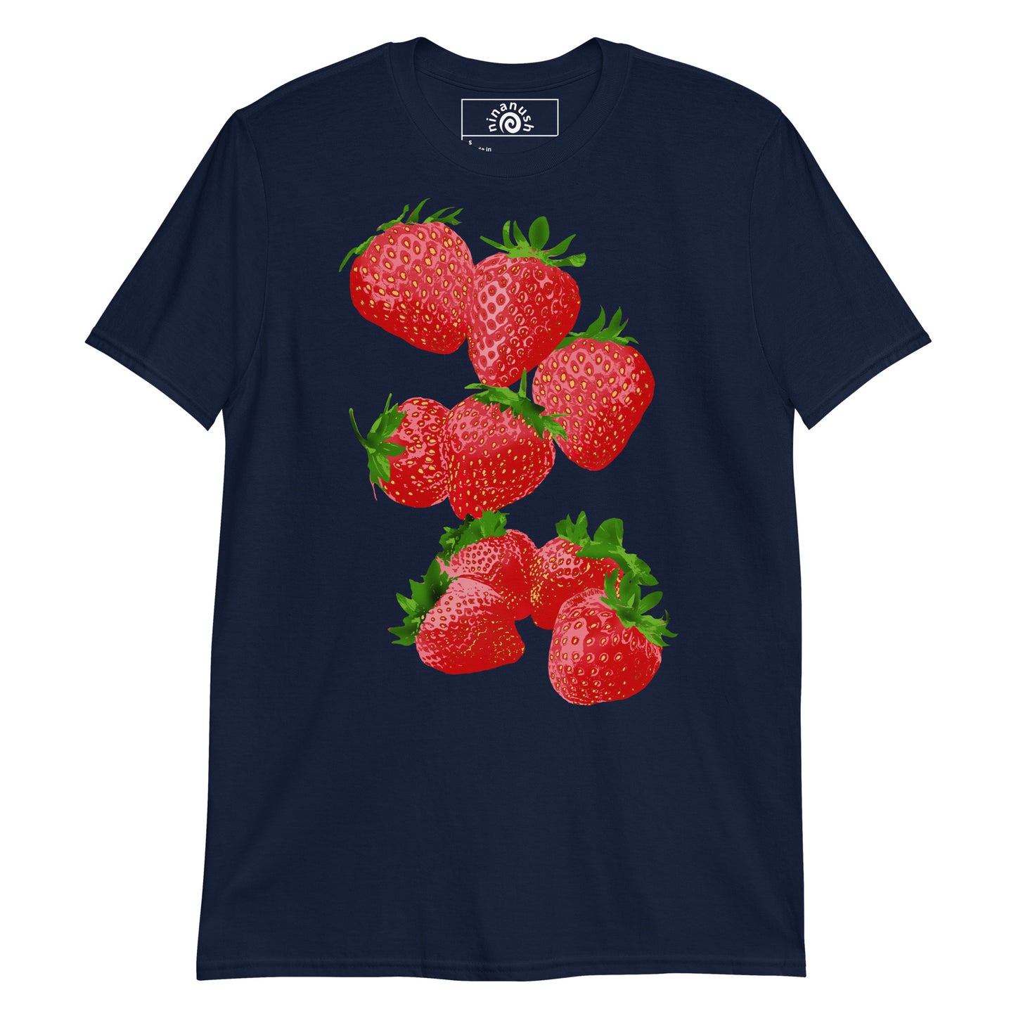 Navy Strawberry T-shirt from Nina's Funky Shop by ninanush - Do you love strawberries? Looking for a fun gift? Our colorful Strawberry T-shirt is just what you need. It's a soft and comfortable graphic tee with a bright, hand drawn strawberry design, expertly printed on the front. Stand out in this strawberry lover t-shirt. It's a funky foodie shirt for strawberry enthusiasts.