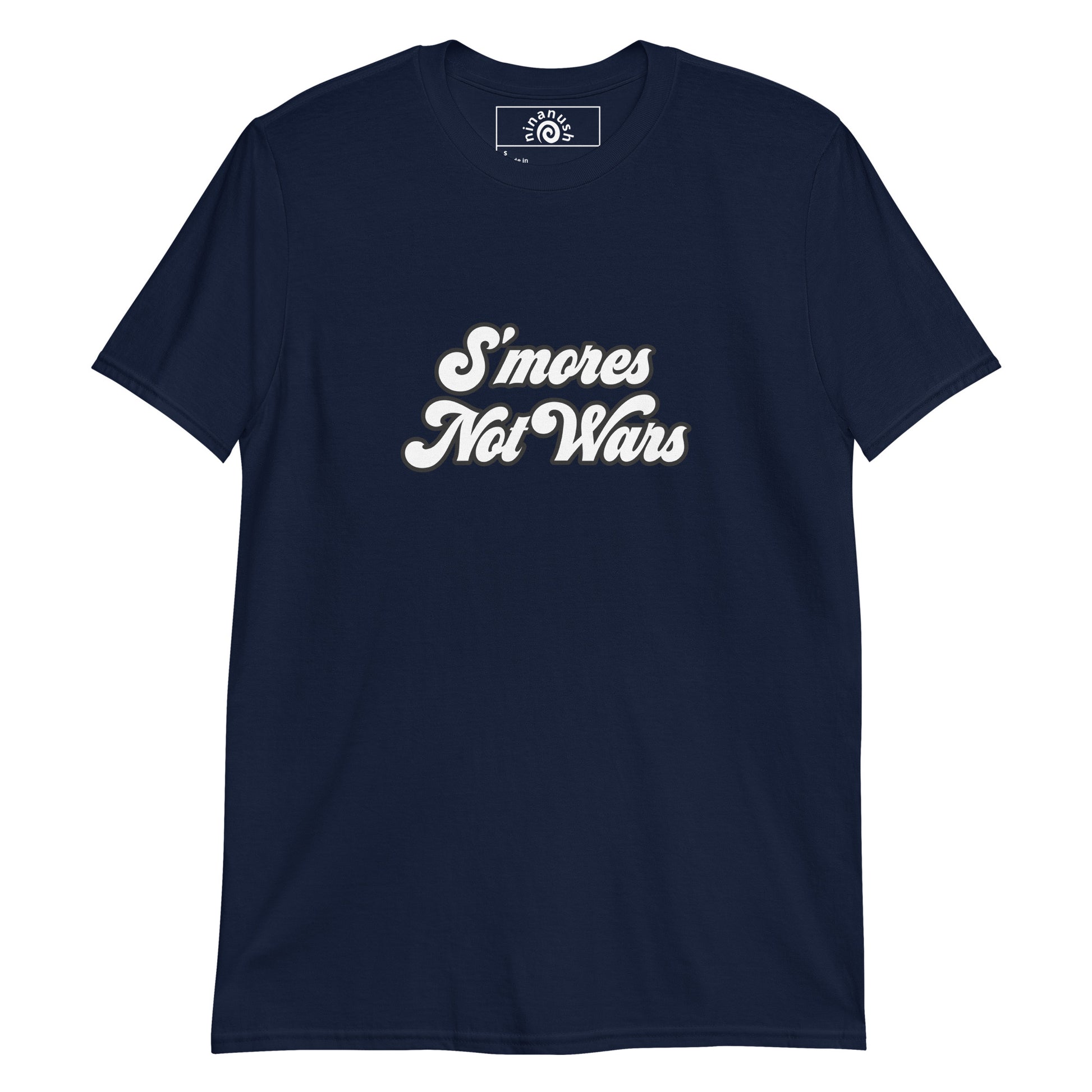 Navy S'mores Not Wars T-shirt from Nina's Funky Shop by ninanush - Do you love s'mores? Looking for a funny gift for a foodie? Our S'mores Not Wars T-shirt is soft, comfortable and just what you need. It's a unisex t-shirt that comes in a variety of colors with "S'mores Not Wars", expertly printed on the front. A funny t-shirt for S'mores enthusiasts, foodies and a funny anti war tee for everyday.