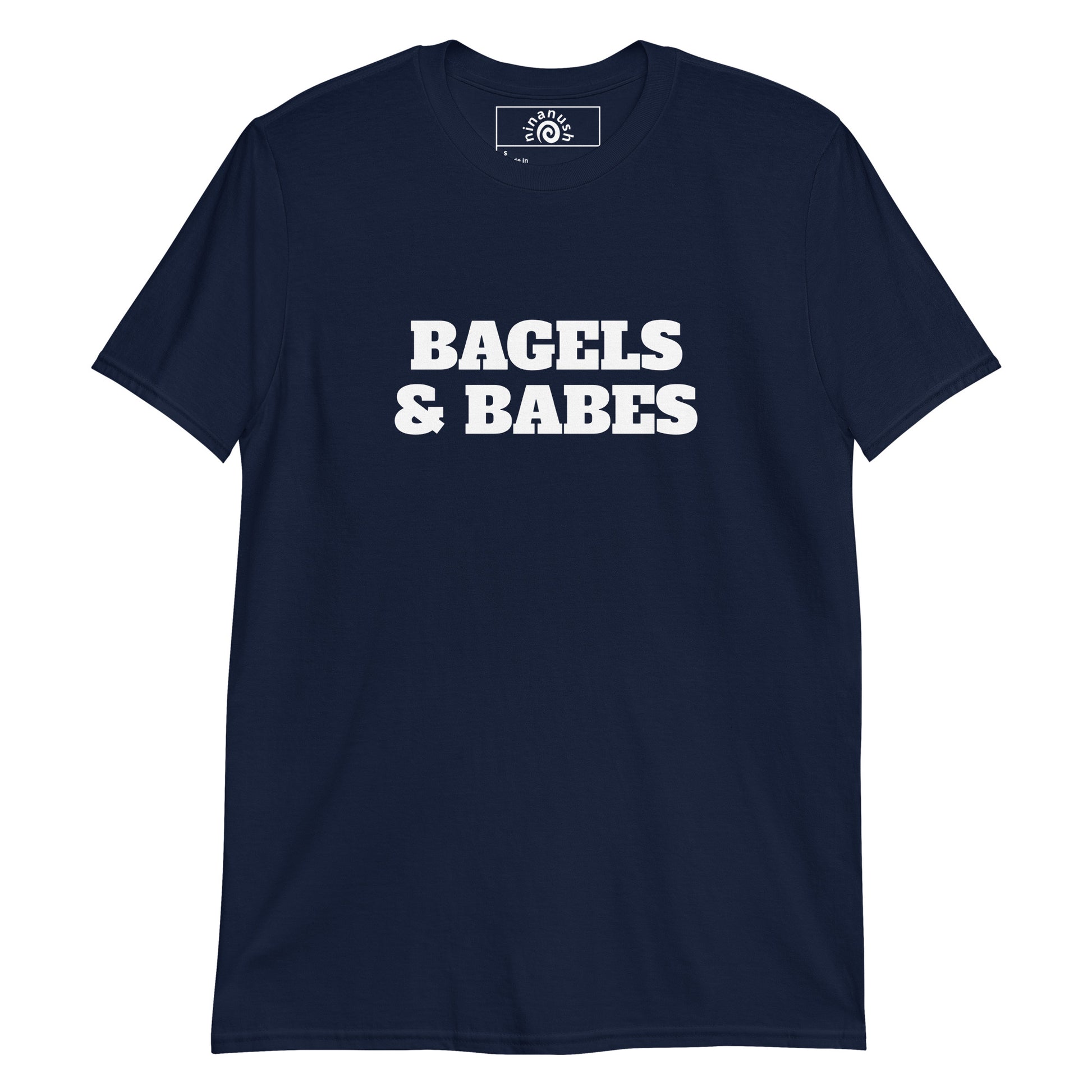 Navy Bagel and Babes T-shirt from Nina's Funky Shop by ninanush - Love bagels? Looking for a funny gift for a foodie? Our Bagels And Babes T-shirt is soft, comfortable and just what you need. It's a unisex crewneck t-shirt that comes in a variety of colors with "Bagels And Babes", expertly printed on the front. Eat bagels in this funny bagel lover t-shirt, designed by Nina and made just for you!