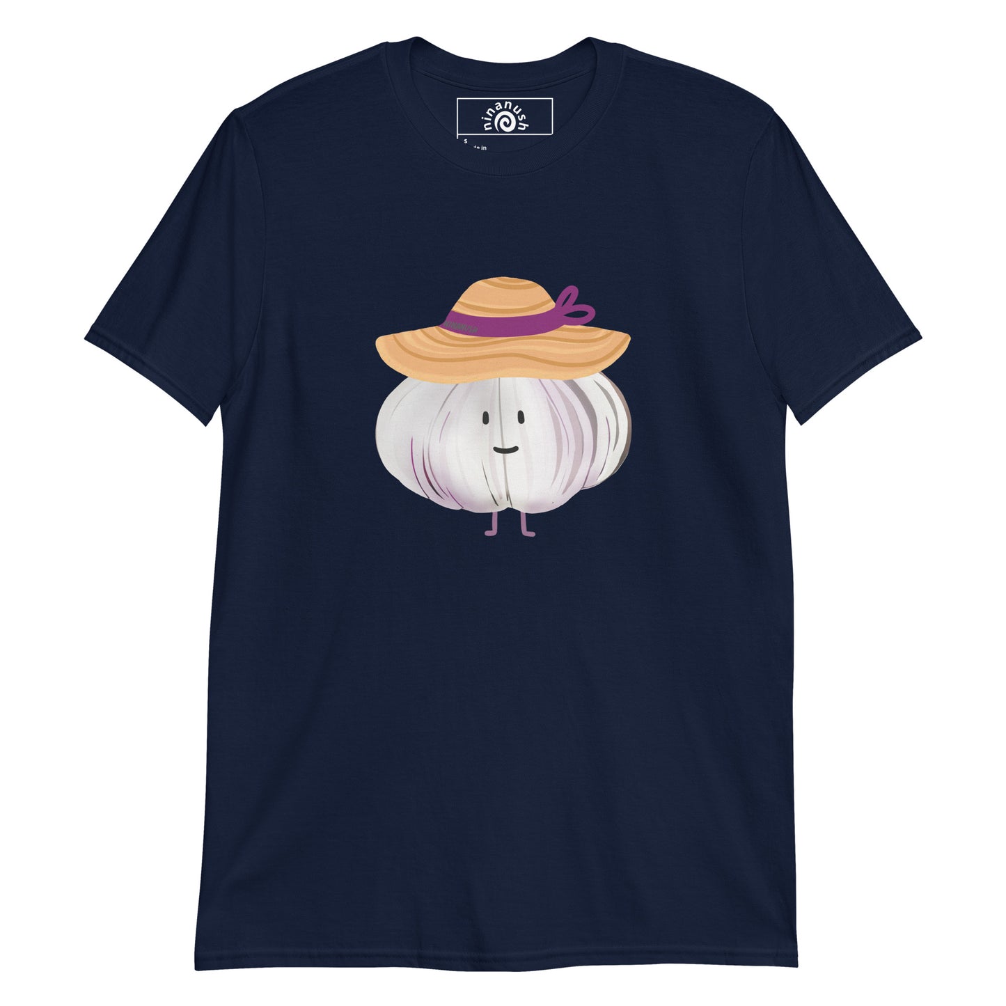 Navy T-shirt with A happy head of garlic wearing a sunhat from Nina's Funky Shop by ninanush - Do you love garlic? Looking for a weird graphic tee for your favorite foodie? Our Unique Garlic Design T-shirt is just what you need. It's a t-shirt with a hand drawn design of a happy garlic wearing a sunhat. Stand out in this garlic lover t-shirt. It's a funky gift for garlic enthusiasts and a quirky tee for everyday.