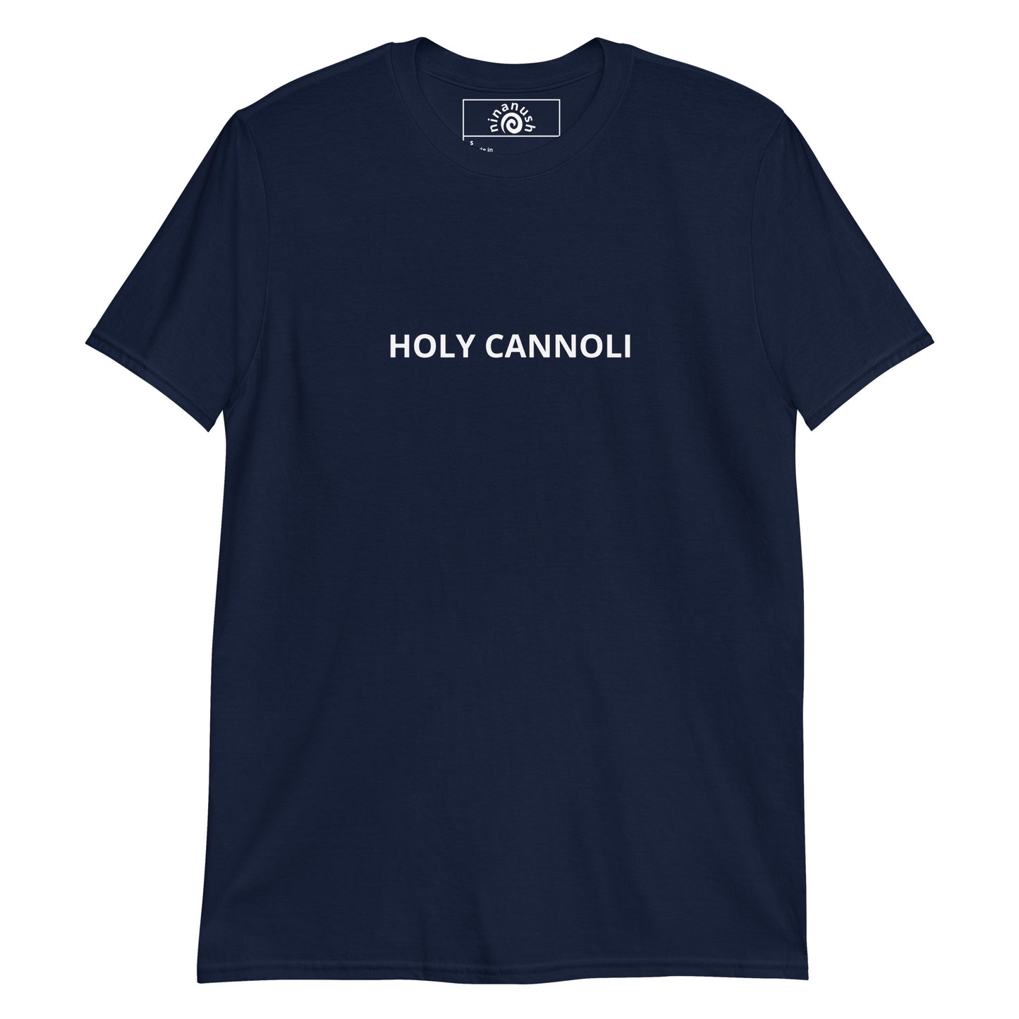 Navy Holy Cannoli T-shirt from Nina's Funky Shop - Do you love cannolis? Looking for a funny gift for a foodie? Our Holy Cannoli T-shirt is soft, comfortable and just what you need. It's a unisex t-shirt that comes in a variety of colors with "Holy Cannoli", expertly printed on the front. A funny t-shirt for cannoli enthusiasts and a quirky tee for everyday foodies.