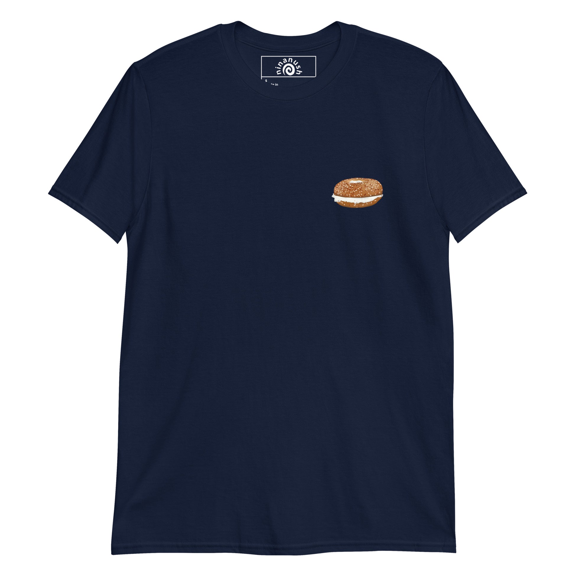 Navy Everything Bagels T-shirt from Nina's Funky Shop - Do you love bagels? Looking for a funny gift for a bagel enthusiast? This everything bagel t-shirt is just what you need. It's a cotton tee with an everything bagel, on the front and "I like bagels I eat bagels I am bagels" on the back. Eat your favorite bagels in this unique and funny t-shirt for bagel lovers.