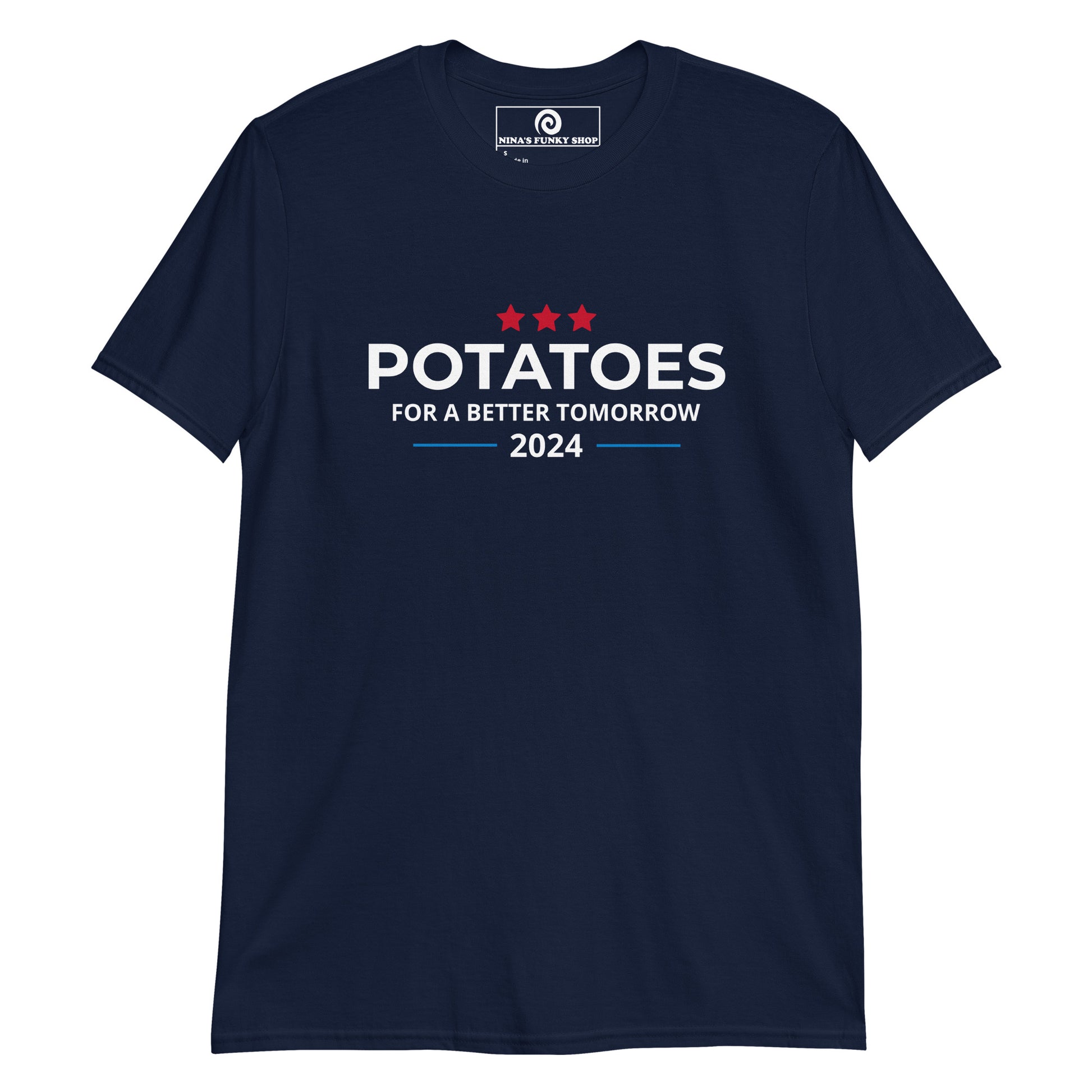 Navy  Potatoes For a Better Tomorrow 2024 Funny Election T-shirt - Are you a potato enthusiast? Looking for a sarcastic election t-shirt? Our Vote Potatoes 2024 T-shirt is just what you need. It's a soft and comfortable tee with a funny 2024 election design, expertly printed on the front. The perfect tee for potato lovers and everyday foodies. Celebrate your favorite foods in our funky foodie clothing, designed by Nina and made just for you.