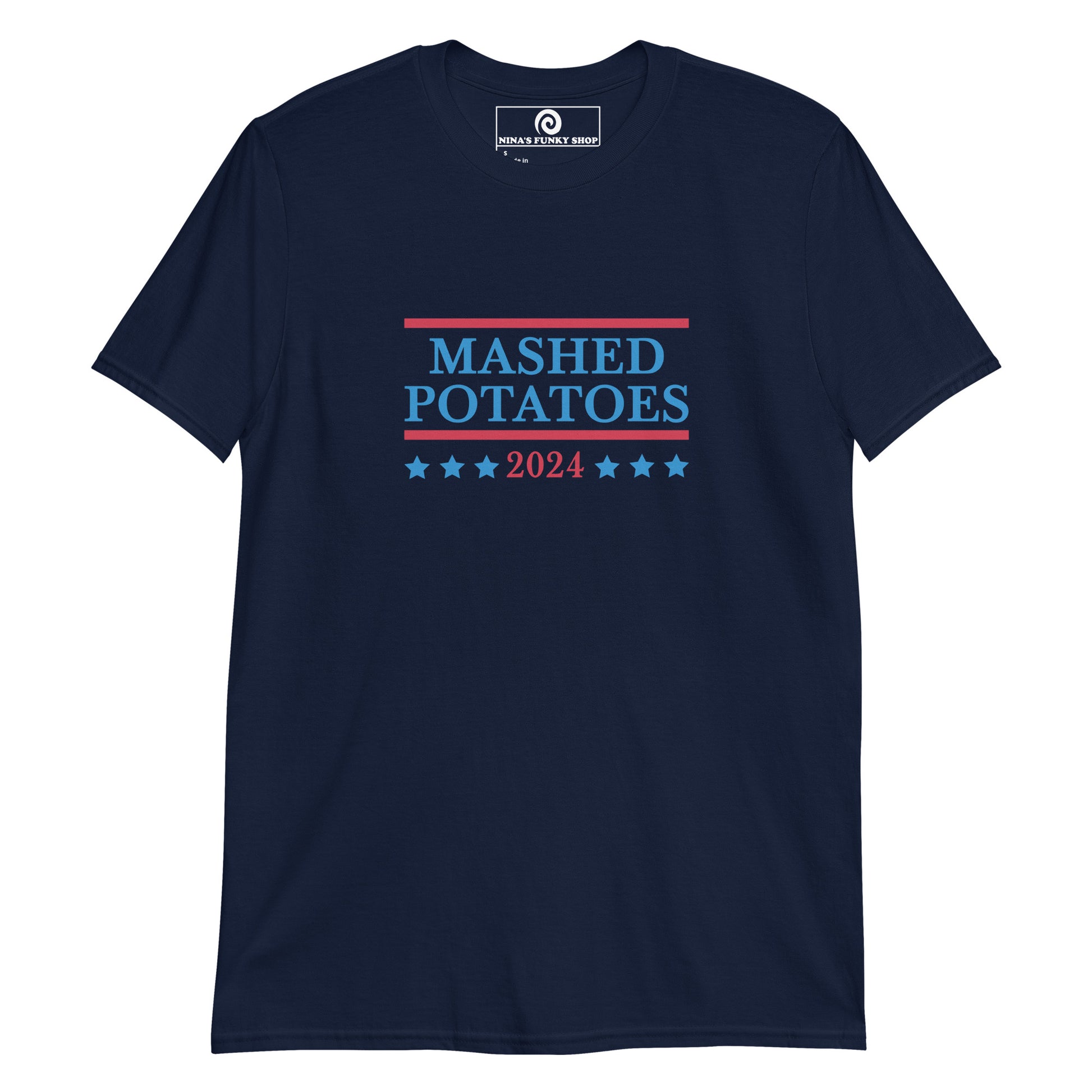 Navy funny political t-shirt for mashed potato lovers - Are you a mashed potato enthusiast? Looking for a funny voting t-shirt? Our Mashed Potatoes 2024 Election T-shirt is just what you need. It's a cotton tee with a funny vote design, expertly printed on the front. The perfect tee for mashed potato lovers and a controversial political t-shirt design for everyday foodies.