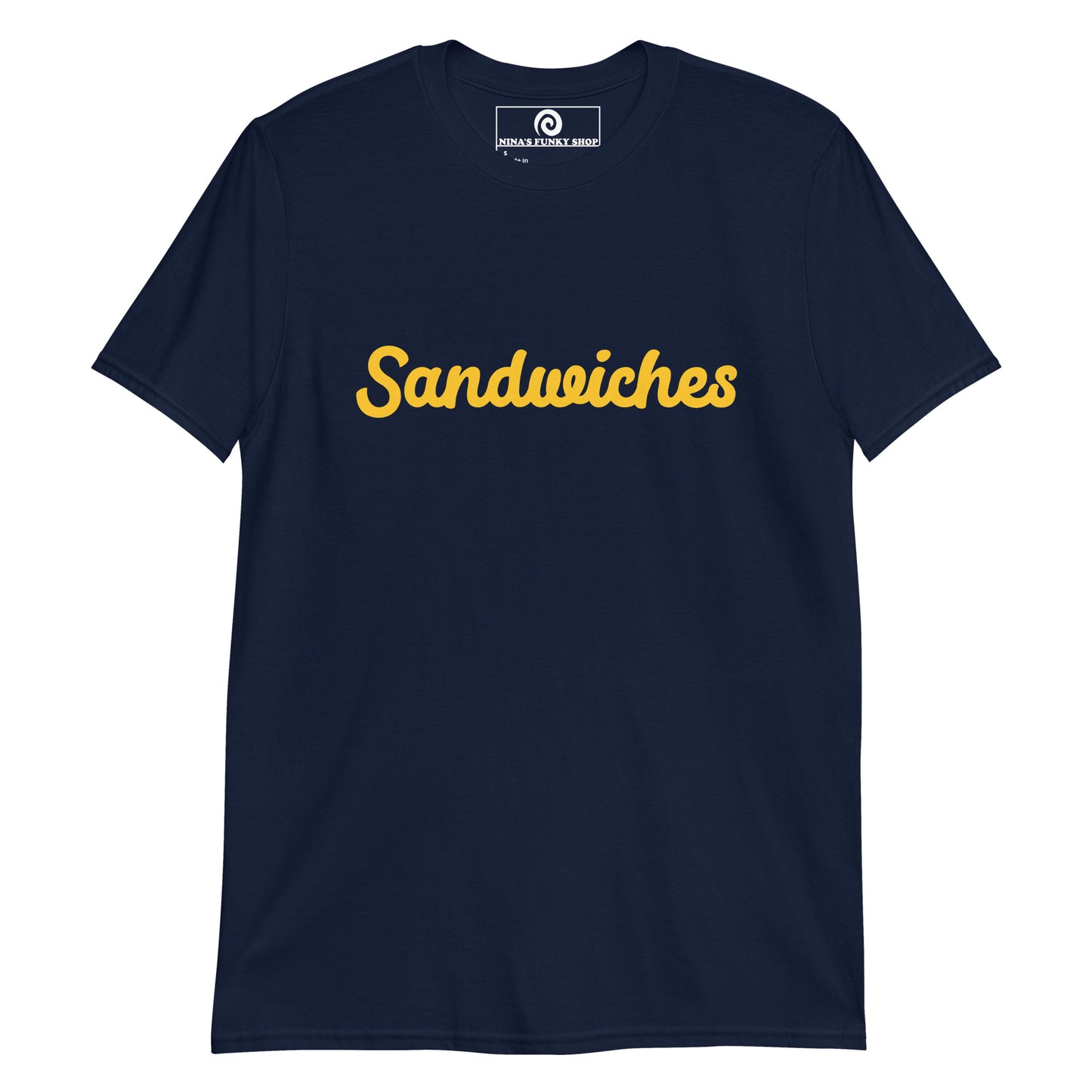 navy Sandwiches T-shirt -Love sandwiches? Looking for a funny gift for sandwich lover? Our customizable Sandwich T-shirt is just what you need. It's a soft and comfortable cotton shirt with a funny foodie design, expertly printed on the front. Celebrate your favorite foods in our funky foodie clothing, designed by Nina and made just for you.