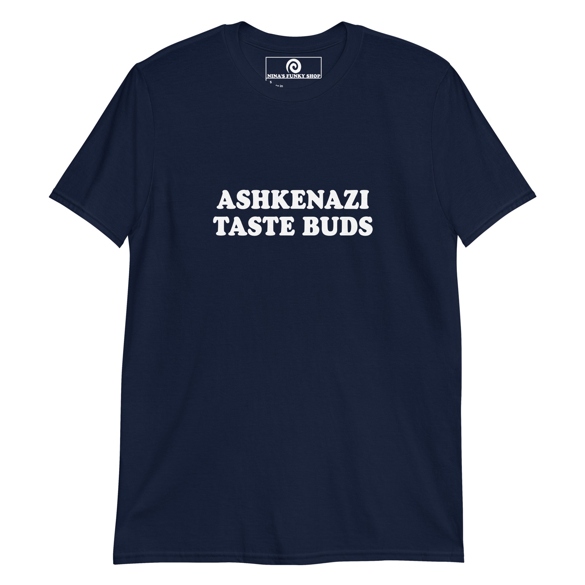 Navy Blue Ashkenazi T-shirt - Can't handle a little spicy? Looking for a gift for your favorite Ashki friend? This Customizable Ashkenazi Taste Buds T-shirt is just what you need! It's soft and comfortable with a funny Ashkenazi T-shirt design, expertly printed on the front. Celebrate your favorite foods in our funky foodie clothing.