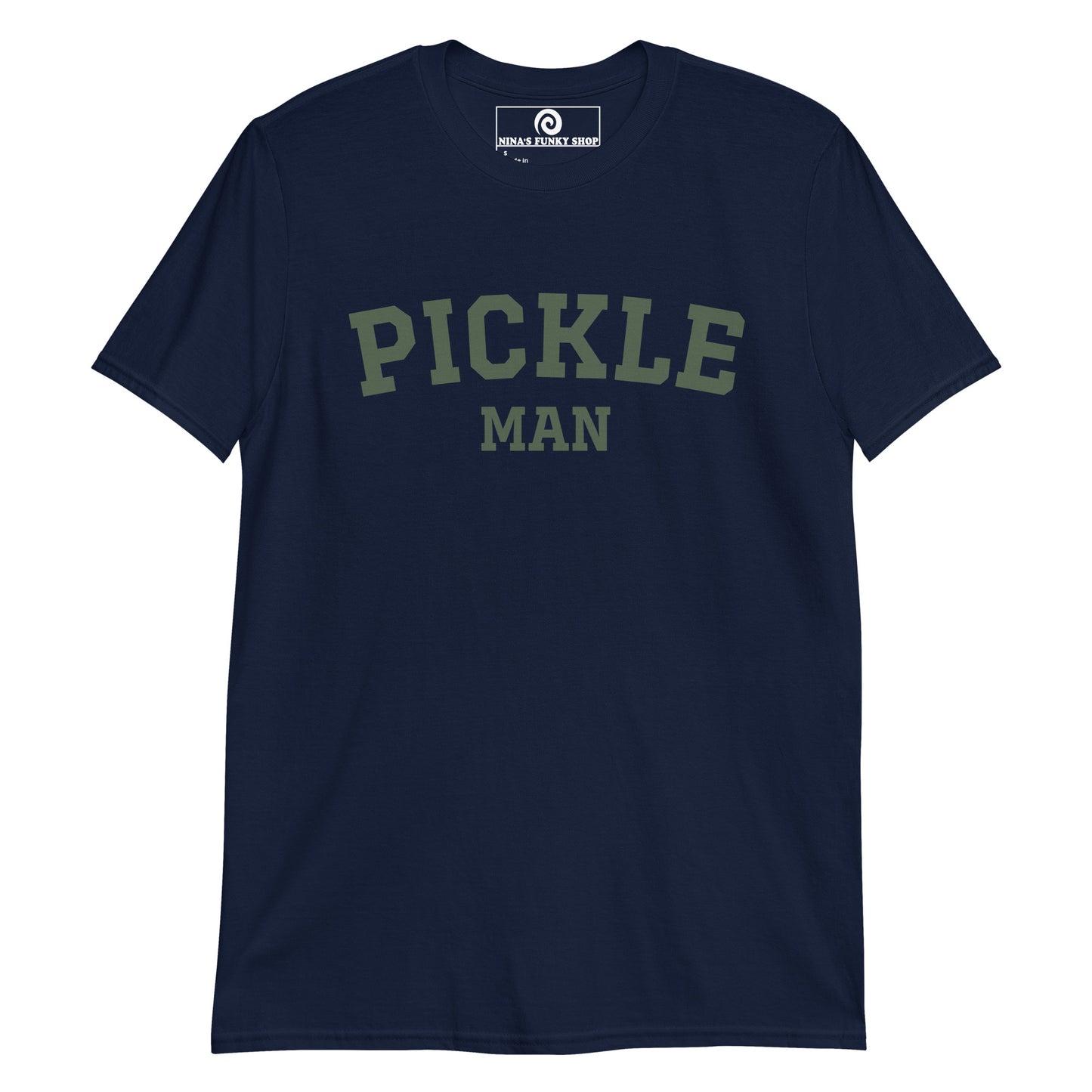 Navy College T-shirt for pickle lovers - Crazy for pickles? Looking for a funny gift for the pickle friend? Our Pickle Man T-shirt is just what you need. It's a soft and comfortable shirt with "Pickle Man", expertly printed on the front. It's the perfect varsity tee for pickle lovers and foodies of all kinds. Celebrate your favorite foods in our funky foodie clothing, designed by Nina and made just for you.