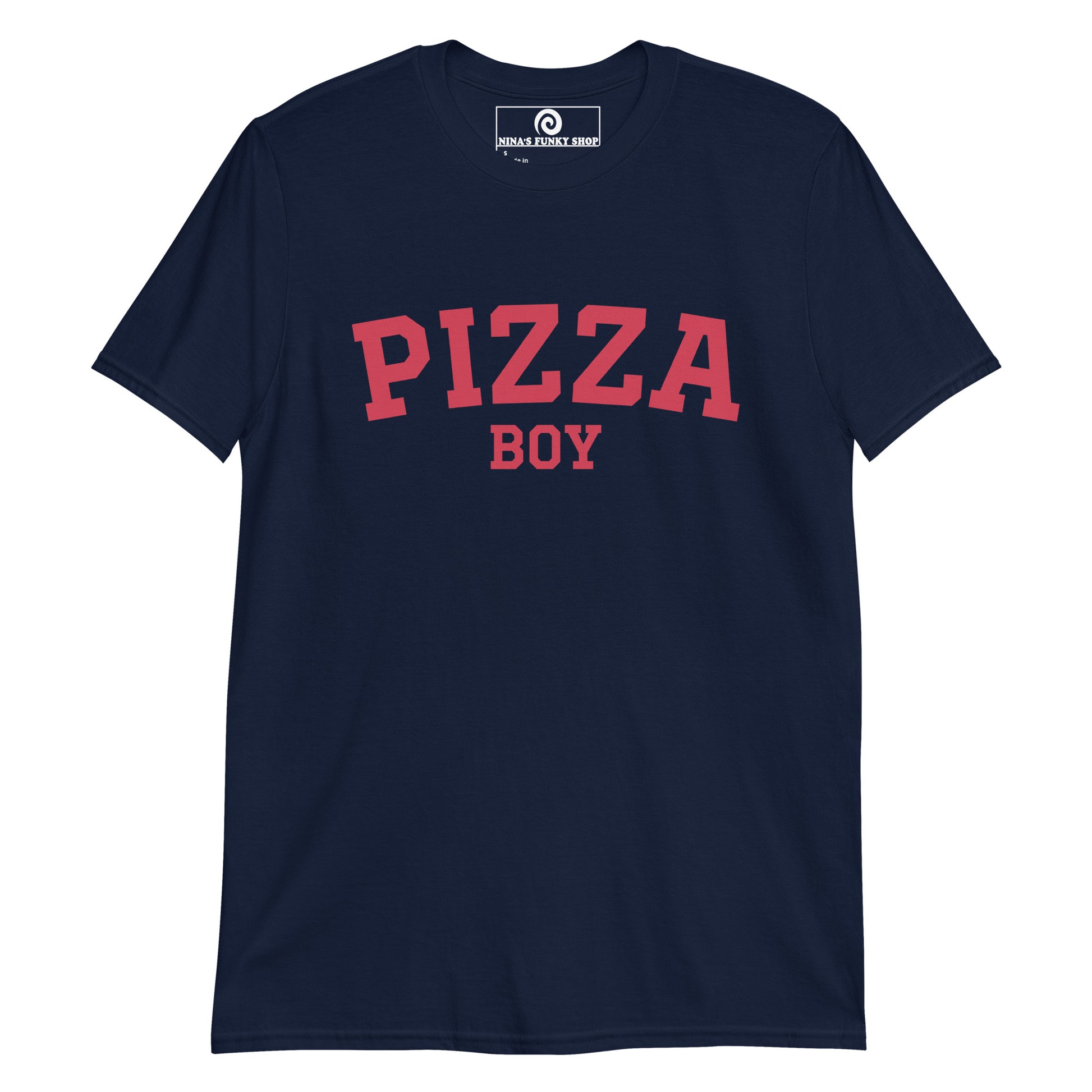 Navy Pizza Boy T-shirt - Crazy for pizza? Looking for a funny gift for a foodie? Our Pizza Boy T-shirt is just what you need. It's a soft and comfortable shirt with "Pizza Boy", expertly printed on the front. A varsity tee for pizza enthusiasts and foodies of all kinds. Celebrate your favorite foods in our funky foodie clothing, designed by Nina and made just for you.