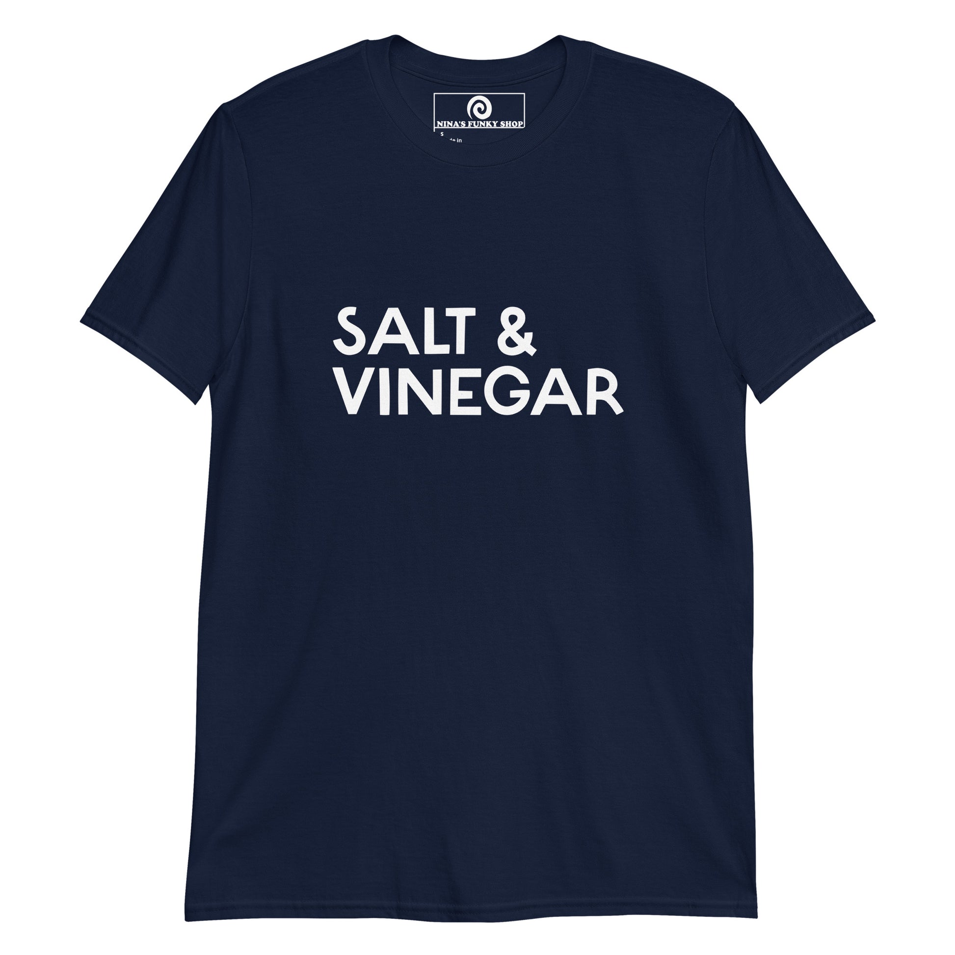 Navy Salt and Vinegar T-shirt - Is salt and vinegar your favorite flavor? Looking for a funny gift? This salt and vinegar tee is just what you need. It's soft and comfortable with "Salt & Vinegar", expertly printed on the front. The perfect shirt for salt and vinegar lovers and foodies of all kinds. Designed by Nina and made just for you. Looking for something personalized? Shoot us an email!