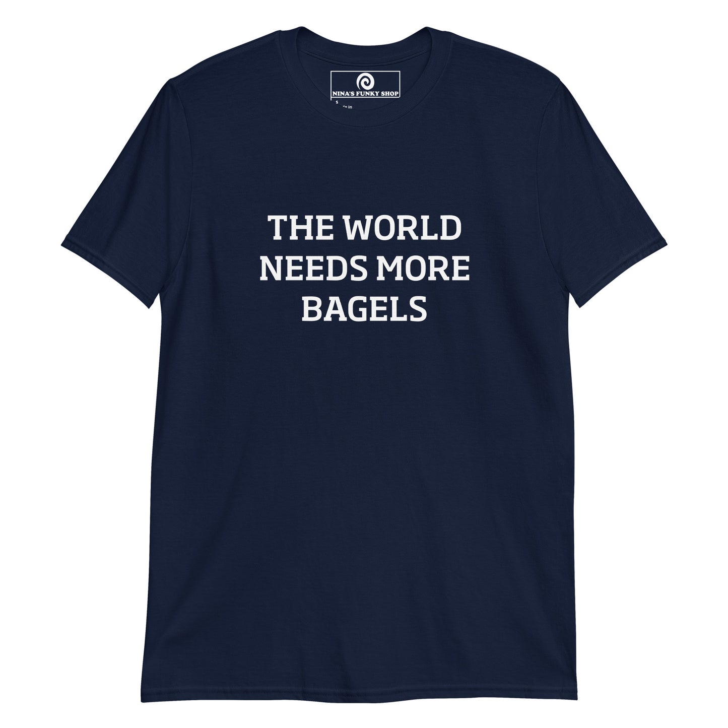 Navy Bagel shirt design - Bagel addict? Looking for a funny gift for a bagel enthusiast? This bagel lover t-shirt is just what you need. It's soft and comfortable with a funny bagel design, expertly printed on the front. The perfect shirt for everyday bagel babes and foodies of all kinds. Designed by Nina and made just for you. Looking for something personalized? Shoot us an email! 