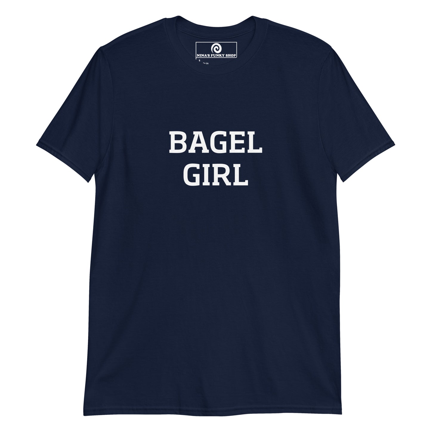 Navy Bagel Girl T-shirt -Love bagels? Looking for a funny gift for a bagel girl? This bold bagel t-shirt is just what you need. It's soft and comfortable with a funny bagel design, expertly printed on the front. The perfect shirt for bagel lovers and foodies of all kinds. Designed by Nina and made just for you.