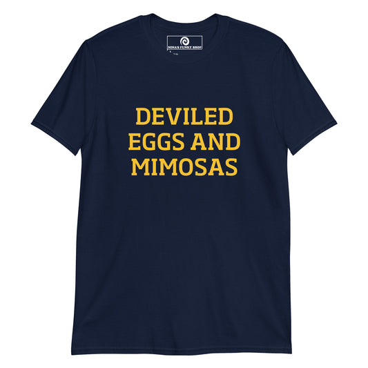 Navy Deviled Eggs And Mimosas T-shirt - This bold Deviled Eggs and Mimosas T-shirt is soft and comfortable with a funny foodie design, expertly printed on the front. The perfect shirt for deviled egg enthusiasts, mimosa lovers and foodies of all kinds. Designed by Nina and made just for you. 