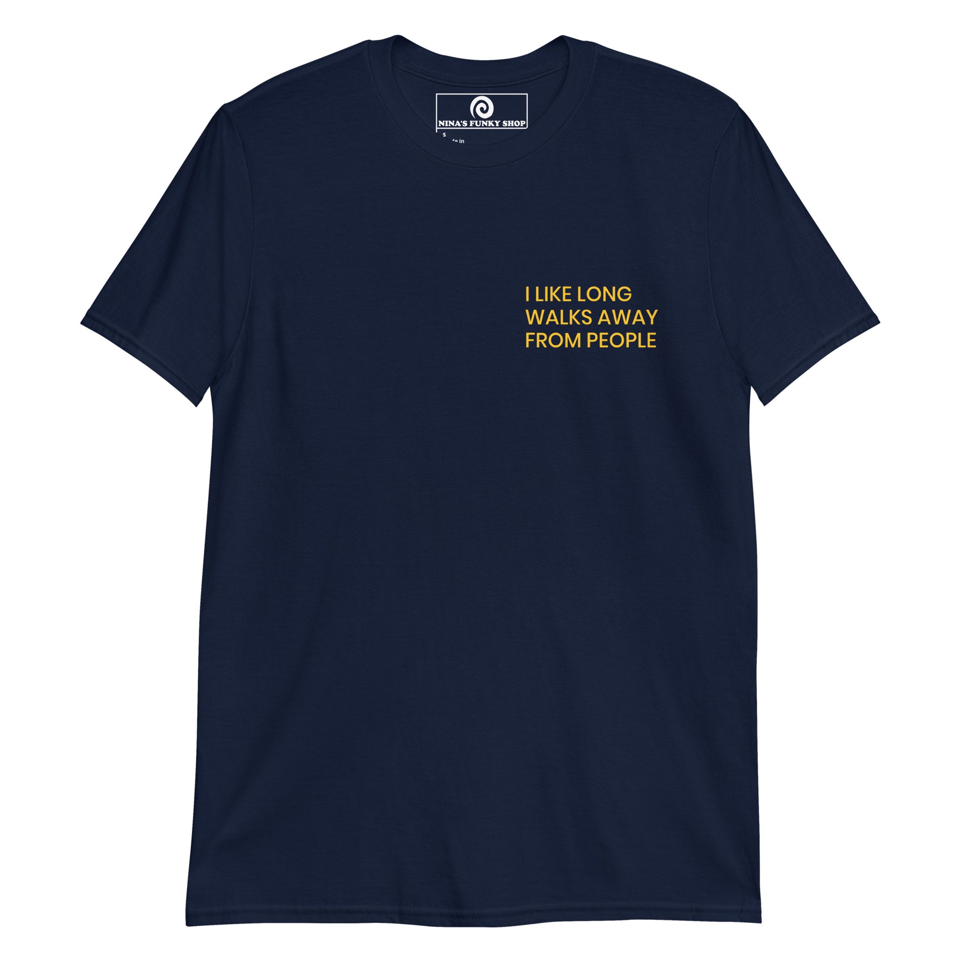 Navy I Like Long Walks Away From People - Are you an introvert? Looking for a funny gift for an antisocial friend? This unique tee is just what you need. It's soft, comfortable and perfect for everyday wear. It's a classic cotton tee with a funny introvert saying, expertly printed on the front. Stand out in our sarcastic graphic tees and funny foodie apparel. Designed by Nina and made just for you.