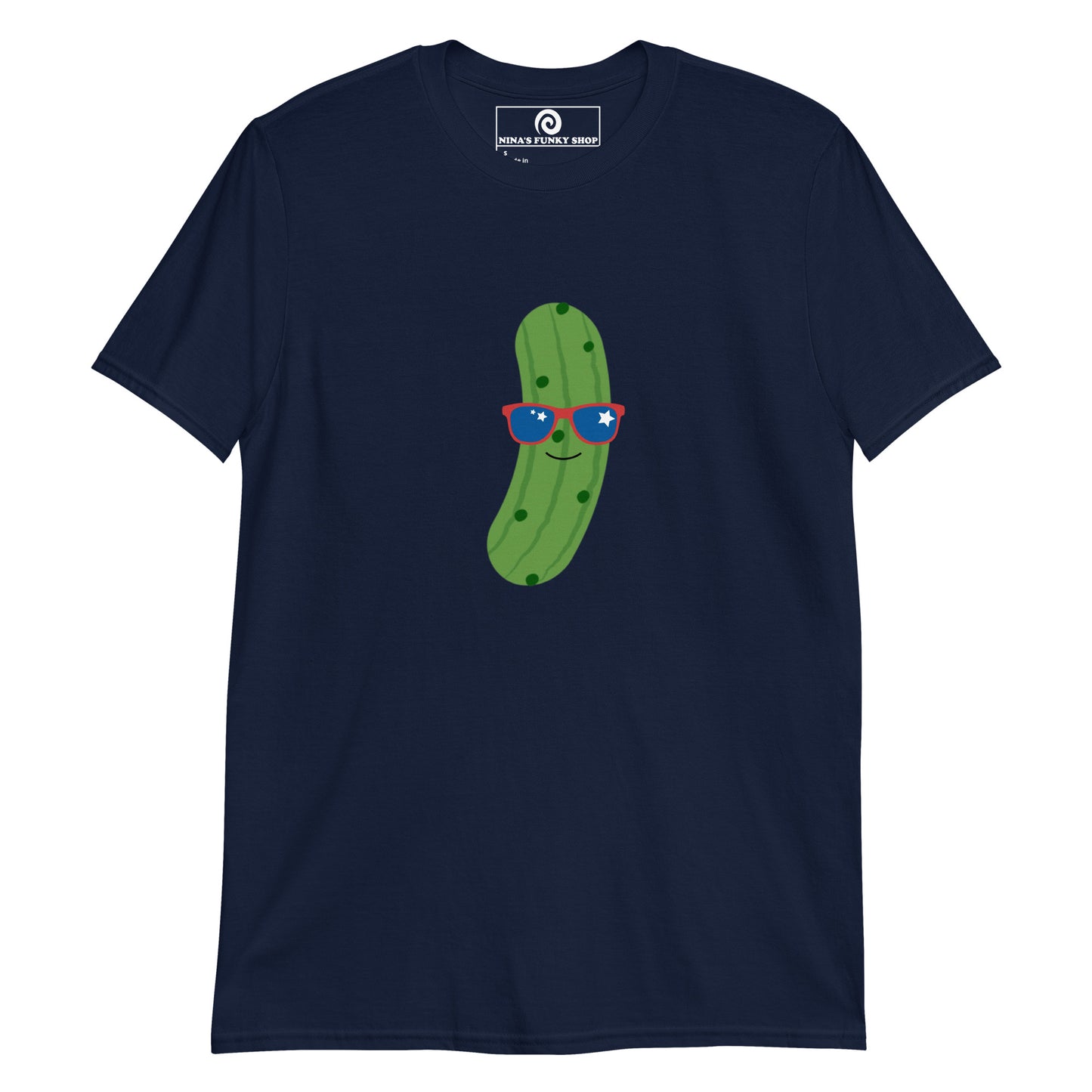 Navy USA Pickle T-Shirt - Our Patriotic Pickle T-shirt is soft, comfortable and comes in a variety of colors with a funny pickle design wearing red white and blue sunglasses. The perfect graphic tee for pickle lovers and foodies of all kinds. Stand out in our sarcastic graphic tees and funny foodie apparel. Designed by Nina and made just for you!