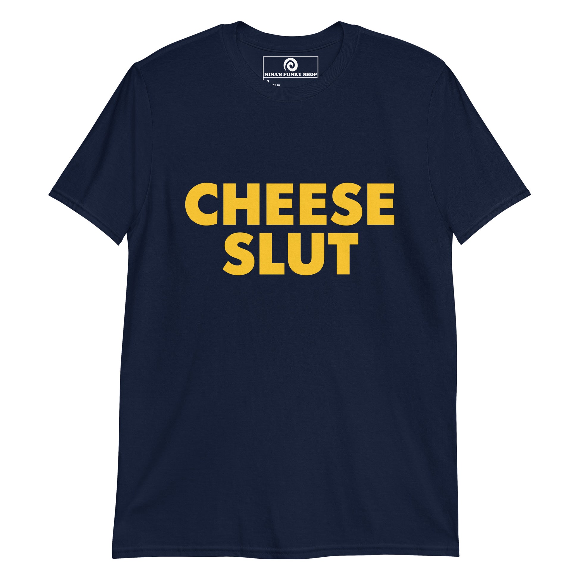 Navy and Yellow Cheese Slut T-Shirt - Are you a cheese slut? Eat cheese in our Cheese Slut T-Shirt! This funny cheese t-shirt is perfect for everyday streetwear or a sarcastic gift for a cheese lover. Its a soft and comfortable t-shirt with a cheese quote, expertly printed on the front. Stand out in our sarcastic graphic tees and funny foodie apparel.