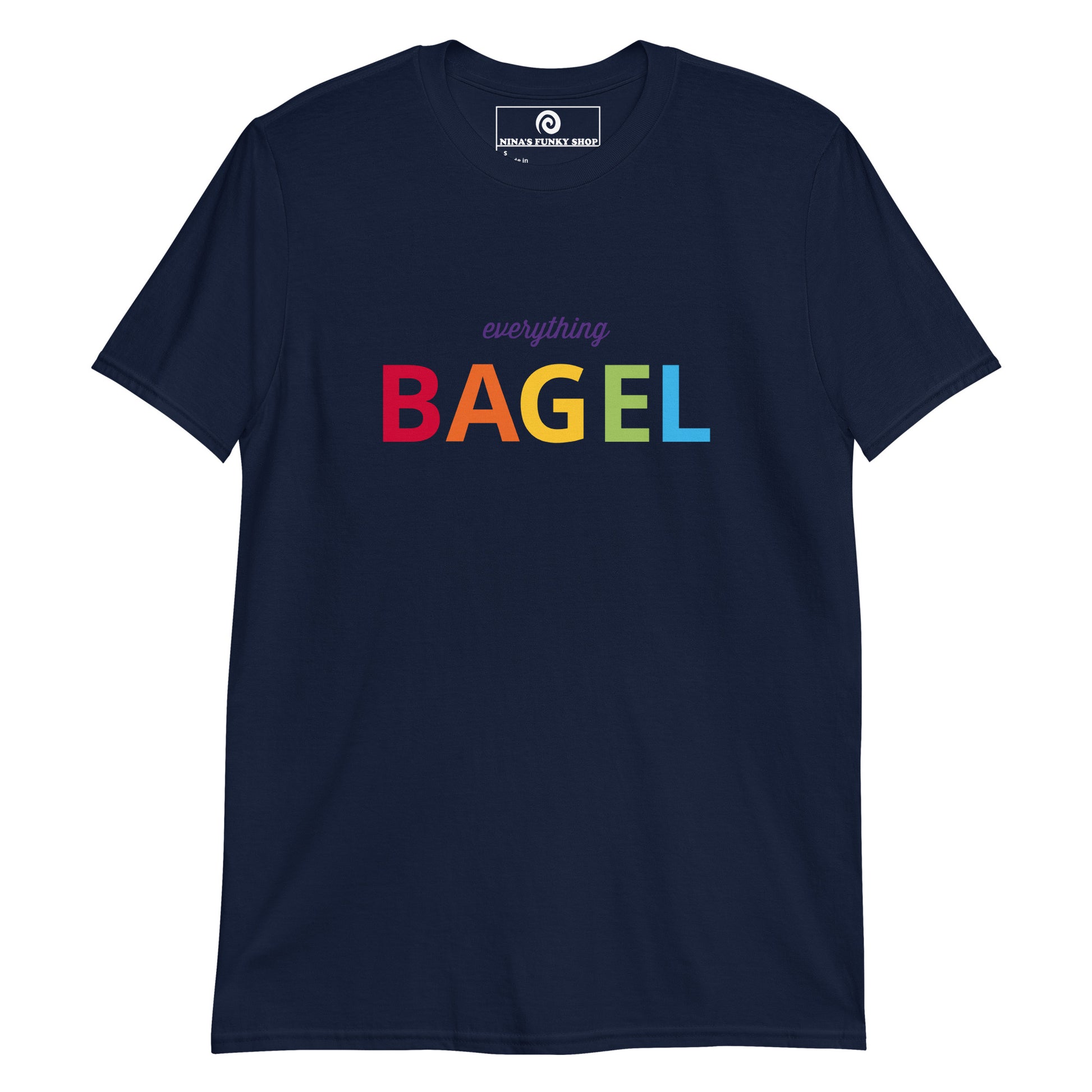 Navy Everything Bagel T-Shirt - Love bagels? This Bagel T-Shirt is soft, comfortable and perfect for everyday streetwear. It's a classic cotton T-Shirt with a funny pride design for bagel enthusiasts and foodies of all kinds. Stand out in our colorful graphic tees and funny foodie apparel. Designed by Nina and made just for you!