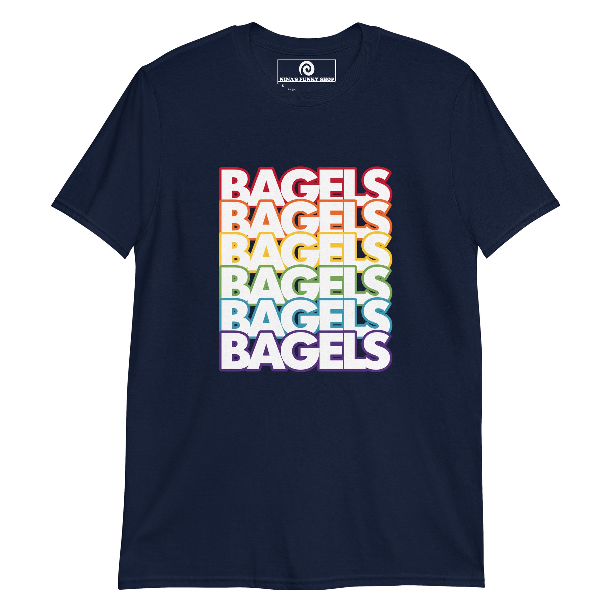 Navy Rainbow Bagels T-Shirt - Love bagels? This Rainbow Bagel T-Shirt is soft, comfortable and perfect for everyday streetwear. It's a classic cotton T-Shirt with bright pride colors for bagel enthusiasts and foodies of all kinds. Stand out in our colorful graphic tees and funny foodie apparel.