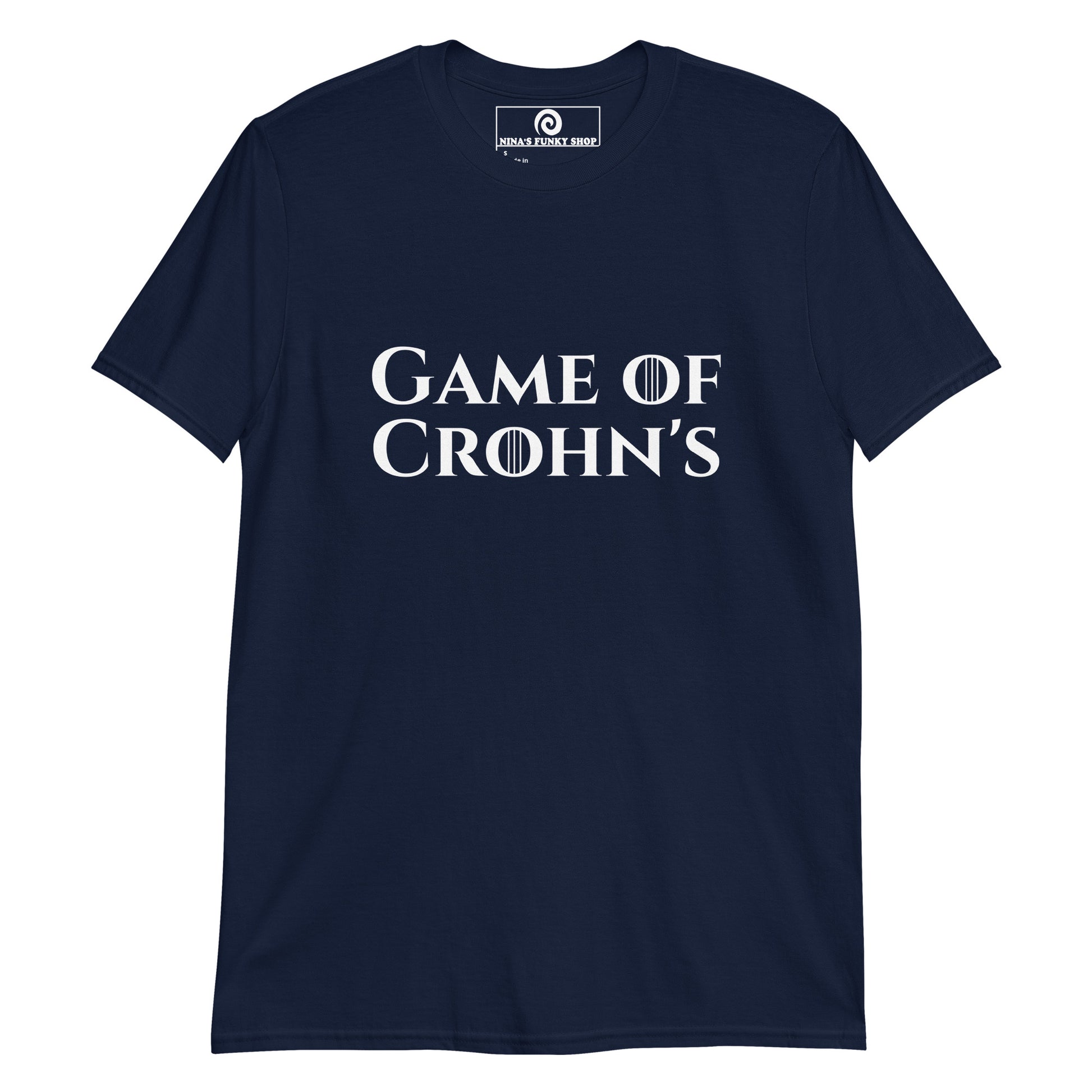 Navy Game Of Crohn's Shirt - Our Game Of Crohn's T-Shirt is soft and comfortable with a funny Crohn's design. A sarcastic shirt for those with IBD and a sense of humor. Wear this cotton tee as everyday streetwear or a give it a gift for a friend with Crohn's. Looking for something personalized? Shoot us an email!