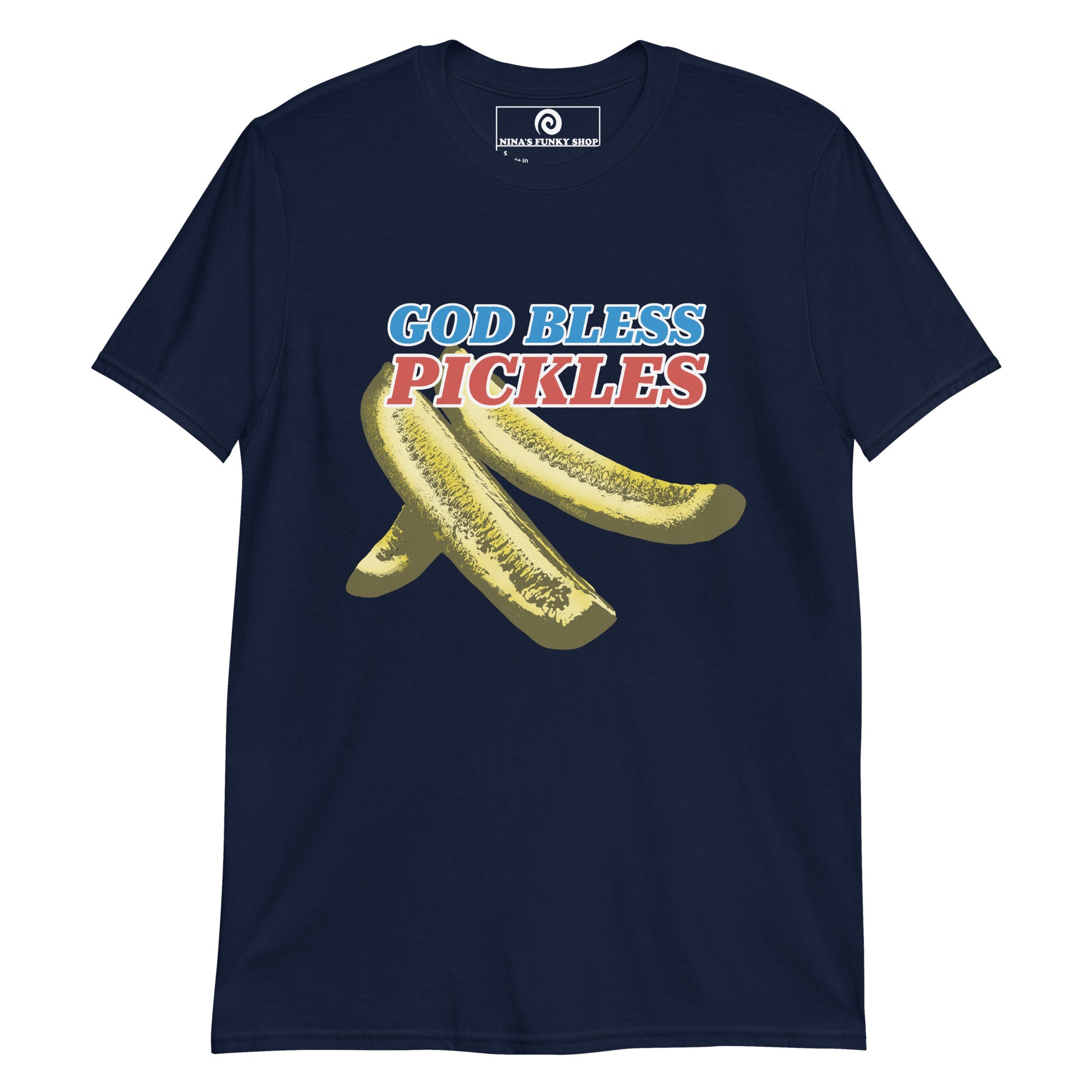 Navy T-Shirt with Red White and Blue Pickles Design - Love pickles? Looking for the perfect fourth of July T-Shirt? This pickles shirt is just what you need. It's a classic cotton graphic tee with a funny red, white and blue design. The perfect shirt for pickles lovers and foodies of all kinds. Wear it as everyday streetwear, a or give it as a gift for a pickle enthusiast.