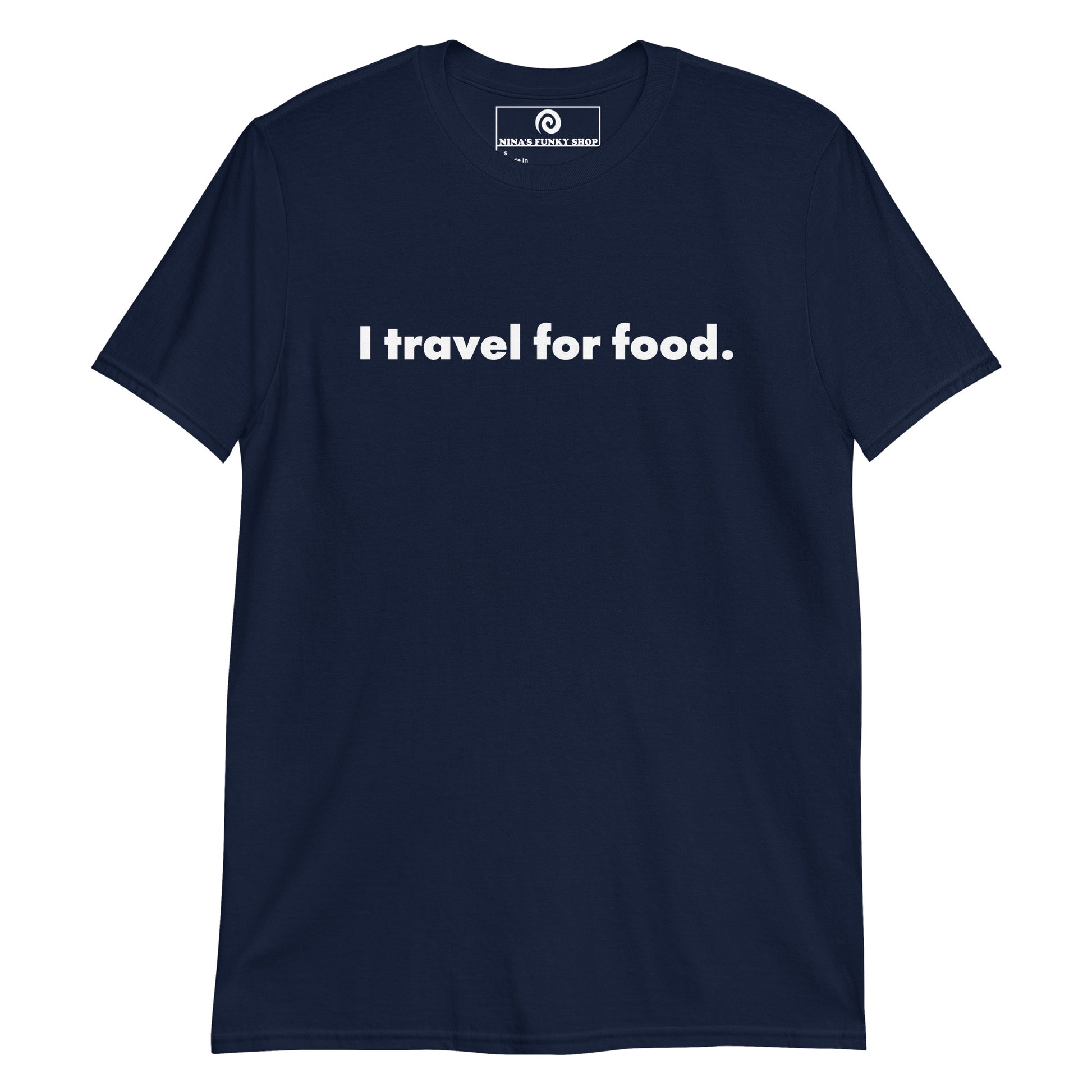 Navy I Travel For Food T-Shirt - What's the best part of travel? The food, of course! Our I Travel For Food T-Shirt is soft, comfortable and made just for you. It's a classic cotton tee with a funny travel saying, expertly printed on the front. Let the people know what you're all about in this travel foodie tee.