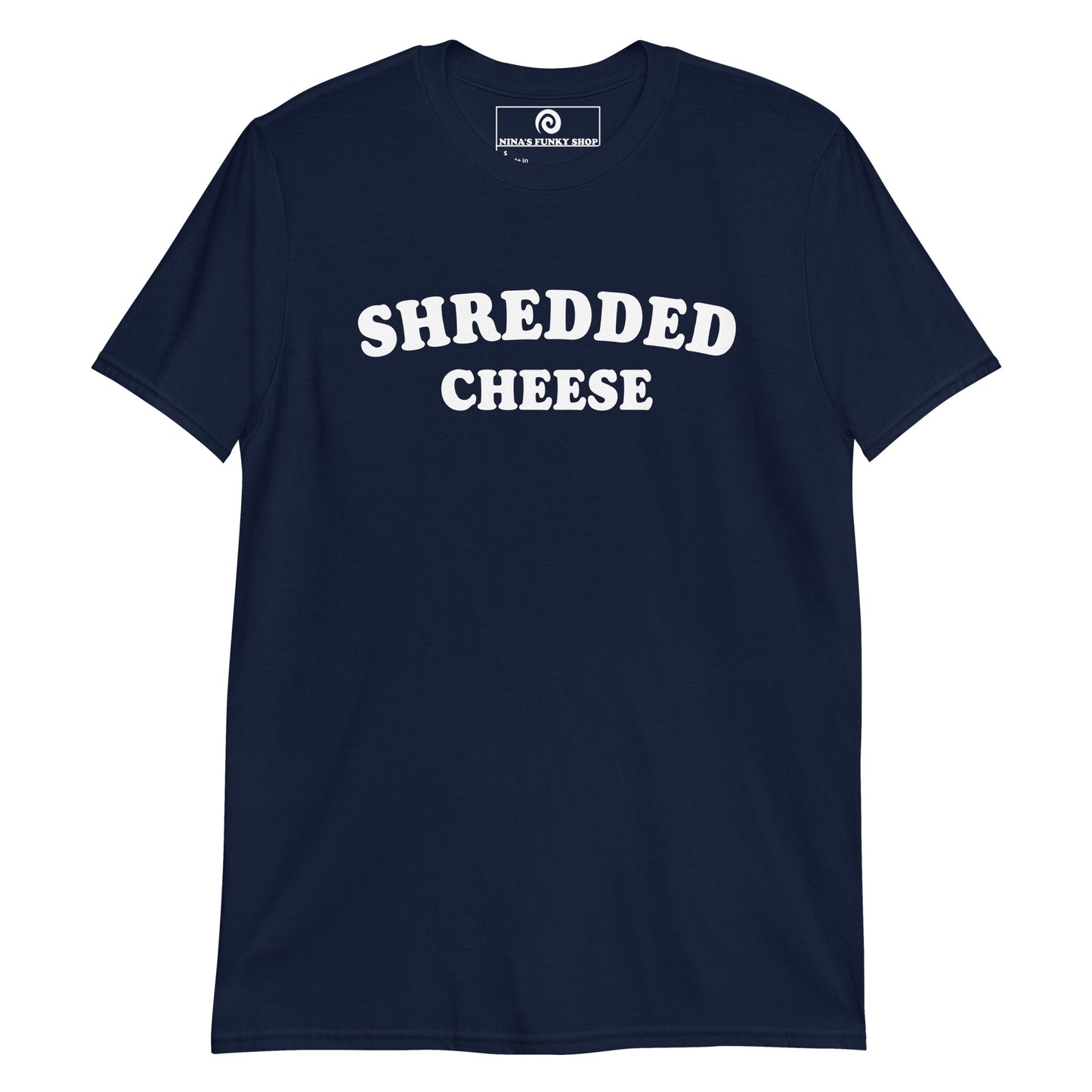 Navy Shredded Cheese T-Shirt - Love shredded cheese? Looking for a gift for a cheese enthusiast? This funny foodie t-shirt is just what you need. It's a classic cotton varsity style tee with "shredded cheese", expertly printed on the front. Make a statement and eat your favorite shredded cheese from the bag.