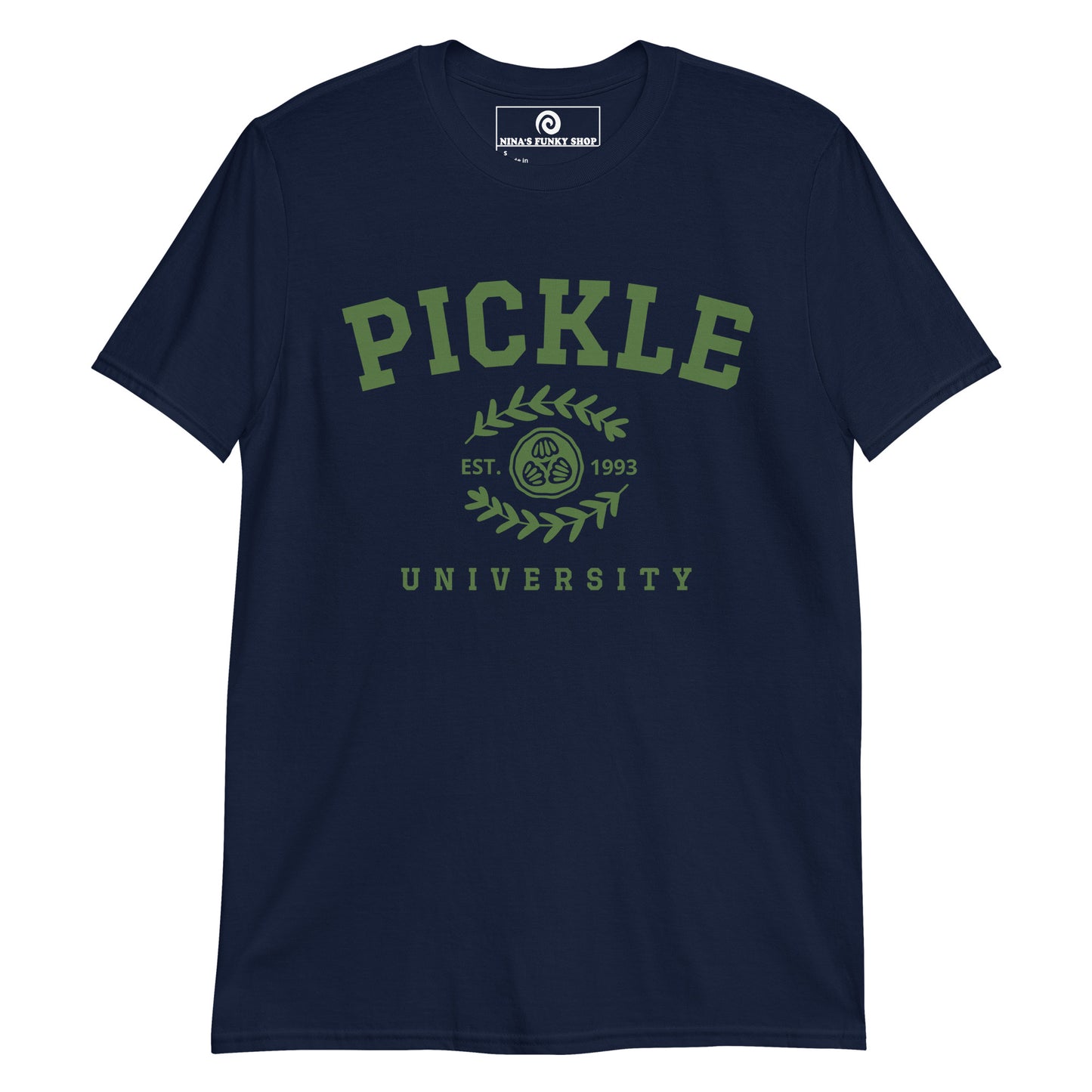 Navy Pickle T-Shirt - Love pickles? Looking for a funny gift for a pickle lover? Our Pickle University T-Shirt is soft, comfortable and made just for you. It's a funny pickle shirt that's perfect for pickle enthusiasts, foodies and beyond.