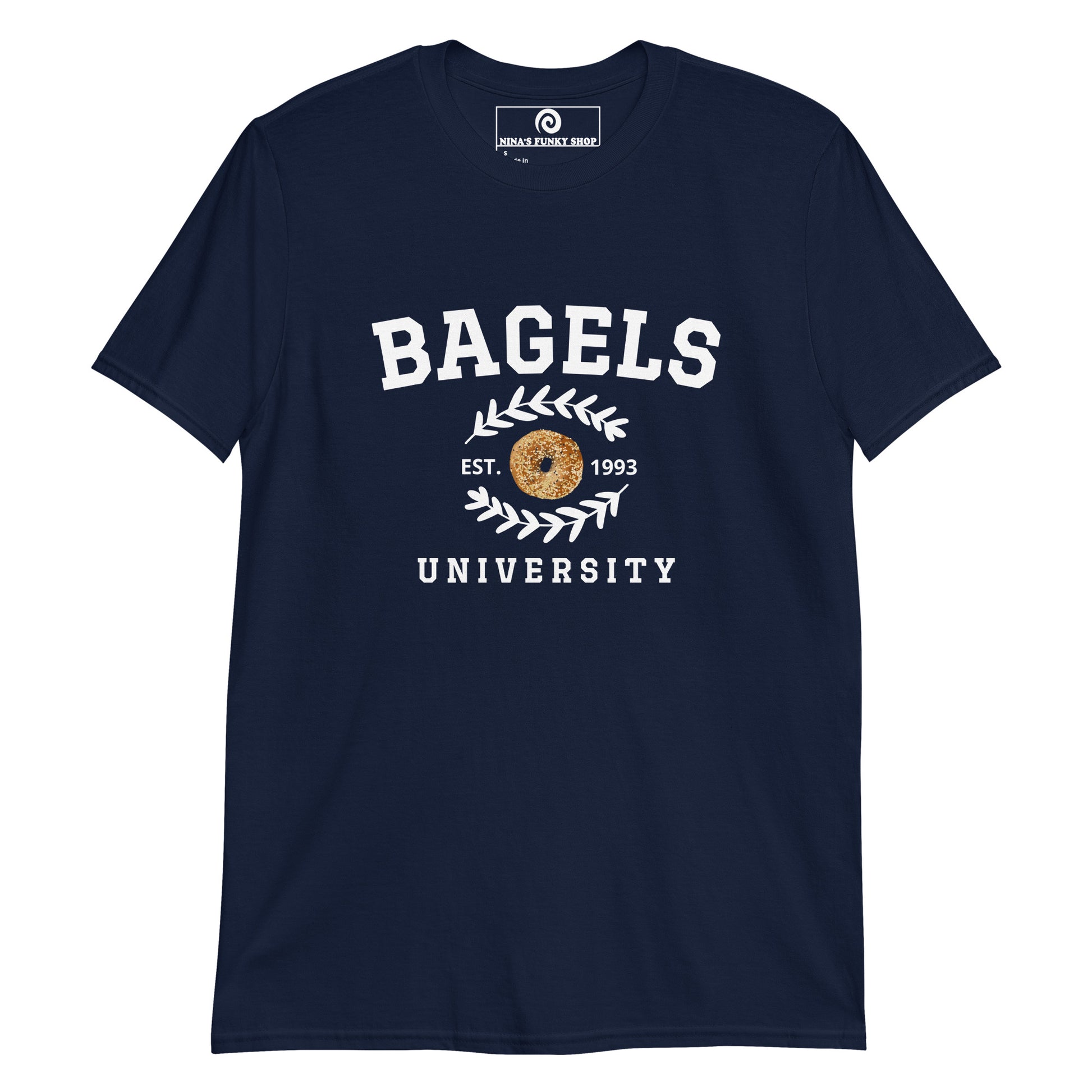 Navy Bagel University T-Shirt - Are you a bagel enthusiast? Looking for a gift for a bagel lover? Our Bagel University T-Shirt is soft, comfortable and just what you need. It's a funny bagel t-shirt that's perfect for bagel lovers and foodies of all kinds.