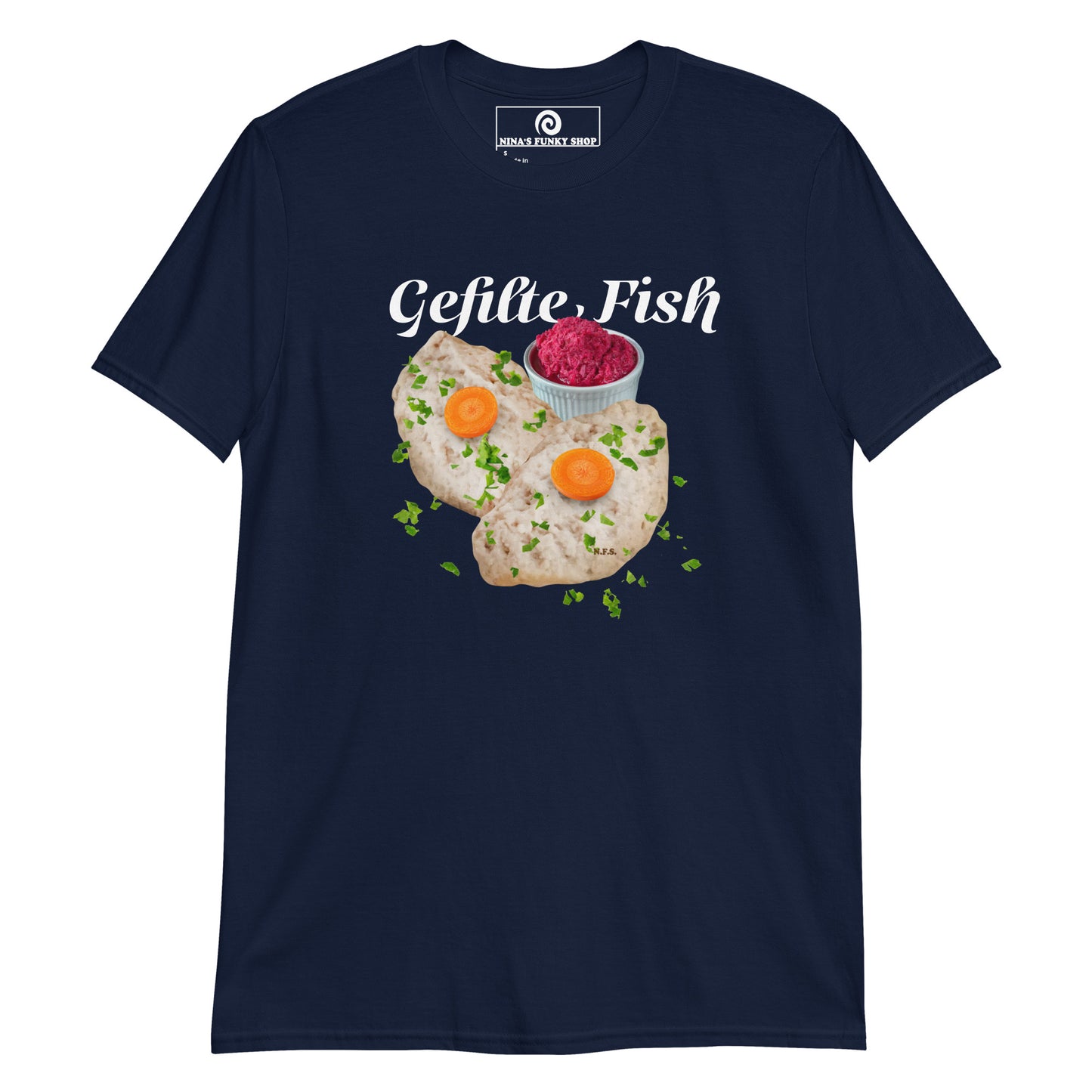 Navy Gefilte Fish T-Shirt - Our Gefilte Fish T-Shirt is soft, comfortable, and made just for you. It's a classic cotton graphic tee with gefilte fish, expertly printed on the front. A funny food t-shirt for Jews, foodies and Gefilte fish lovers and haters alike.

