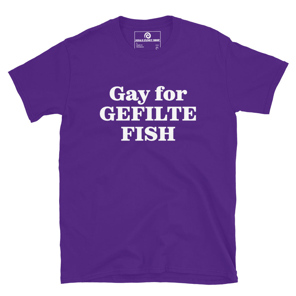 Purple - Are you a Gefilte Fish enthusiast? Looking for a funny Jewish t-shirt or a gift for a gefilte fish lover? Our Gay For Gefilte Fish T-Shirt is soft, comfortable, and made just for you. Looking for something personalized? Shoot us an email! 