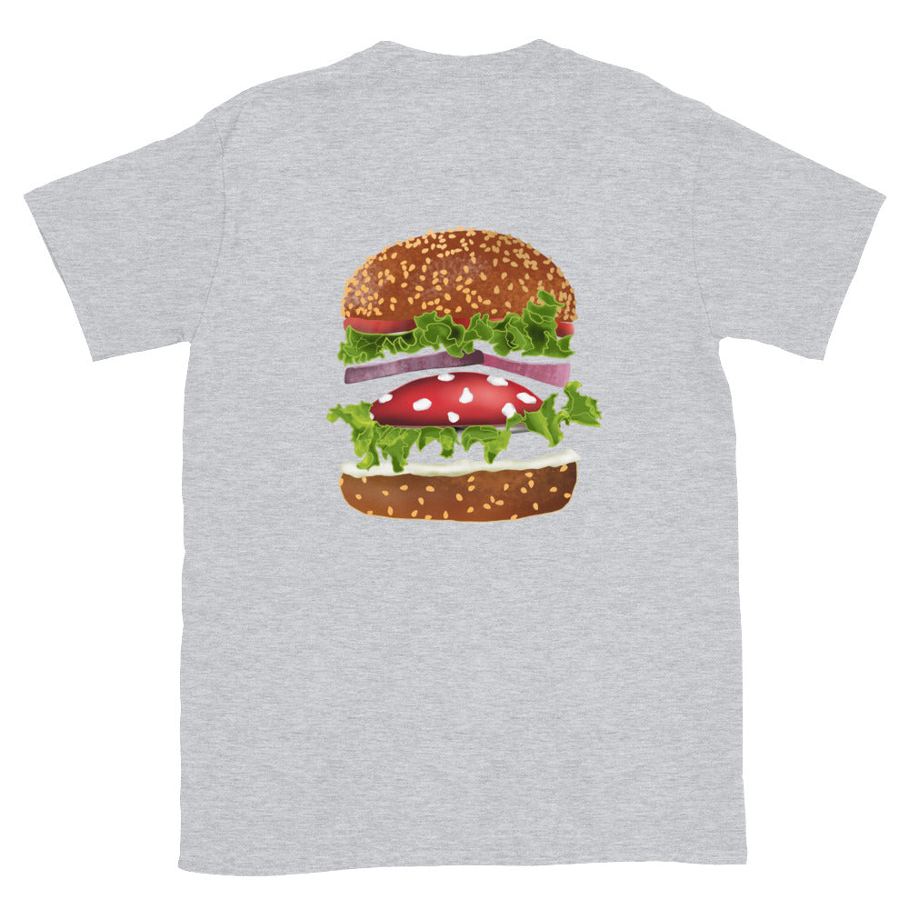 Light gray shroom burger shirt - A mushroom burger t-shirt that's colorful, totally unique and made just for you! The funky foodie design is hand drawn and printed on a classic t-shirt. Eat your favorite veggie burger in style with a shrooms and burger lover t-shirt or give it as a funny gift to your favorite mushroom burger enthusiast and foodies of all kinds. 