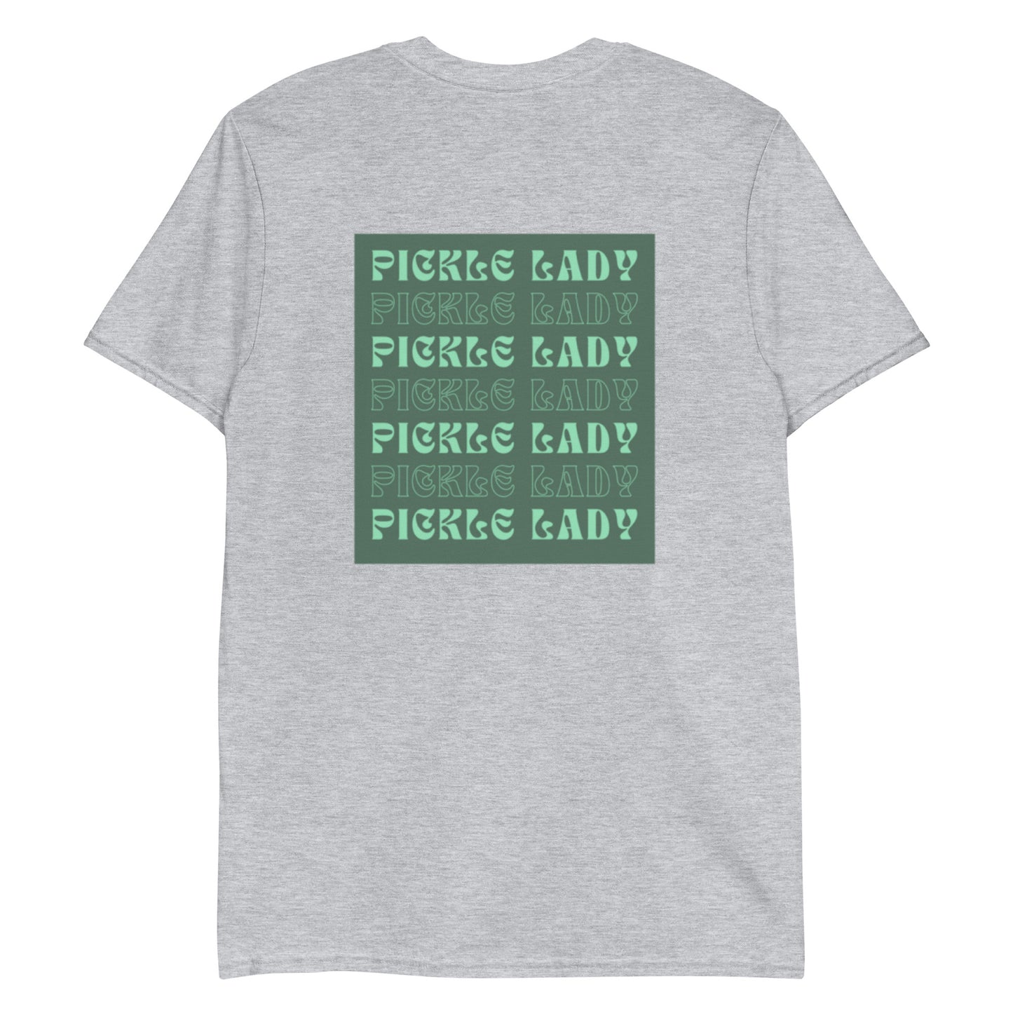 Light Gray T-Shirt with Pickle Lady Design - Are you a pickle lady? Looking for a gift for a pickle enthusiast? Our funky Pickle Lady T-Shirt is just what you need. It's a soft and comfortable cotton tee that comes in a variety of colors with a green pickle lady design on the back and a unique pickle spears design on the front. Make a statement and eat your favorite pickles in this funny pickle shirt.