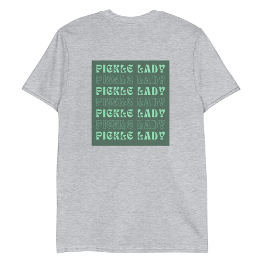 Light Gray T-Shirt with Pickle Lady Design - Are you a pickle lady? Looking for a gift for a pickle enthusiast? Our funky Pickle Lady T-Shirt is just what you need. It's a soft and comfortable cotton tee that comes in a variety of colors with a green pickle lady design on the back and a unique pickle spears design on the front. Make a statement and eat your favorite pickles in this funny pickle shirt.