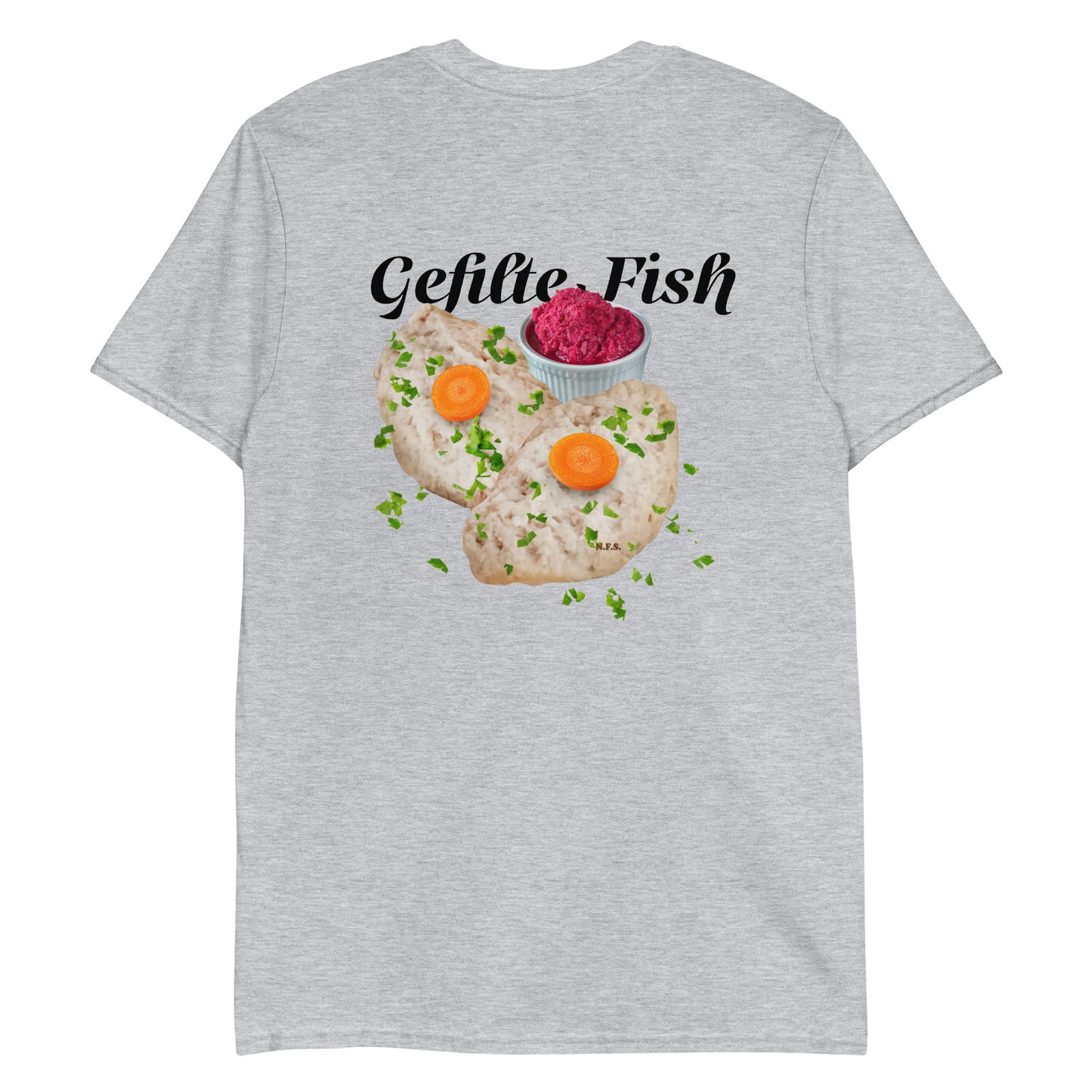 Gray Gefilte Fish Design Shirt - Love gefilte fish? Looking for a funny gift for an Ashkenazi? Our Gefilte Fish T-Shirt is just what you need. It's soft and comfortable with a unique Gefilte Fish Design, expertly printed on the front. 
