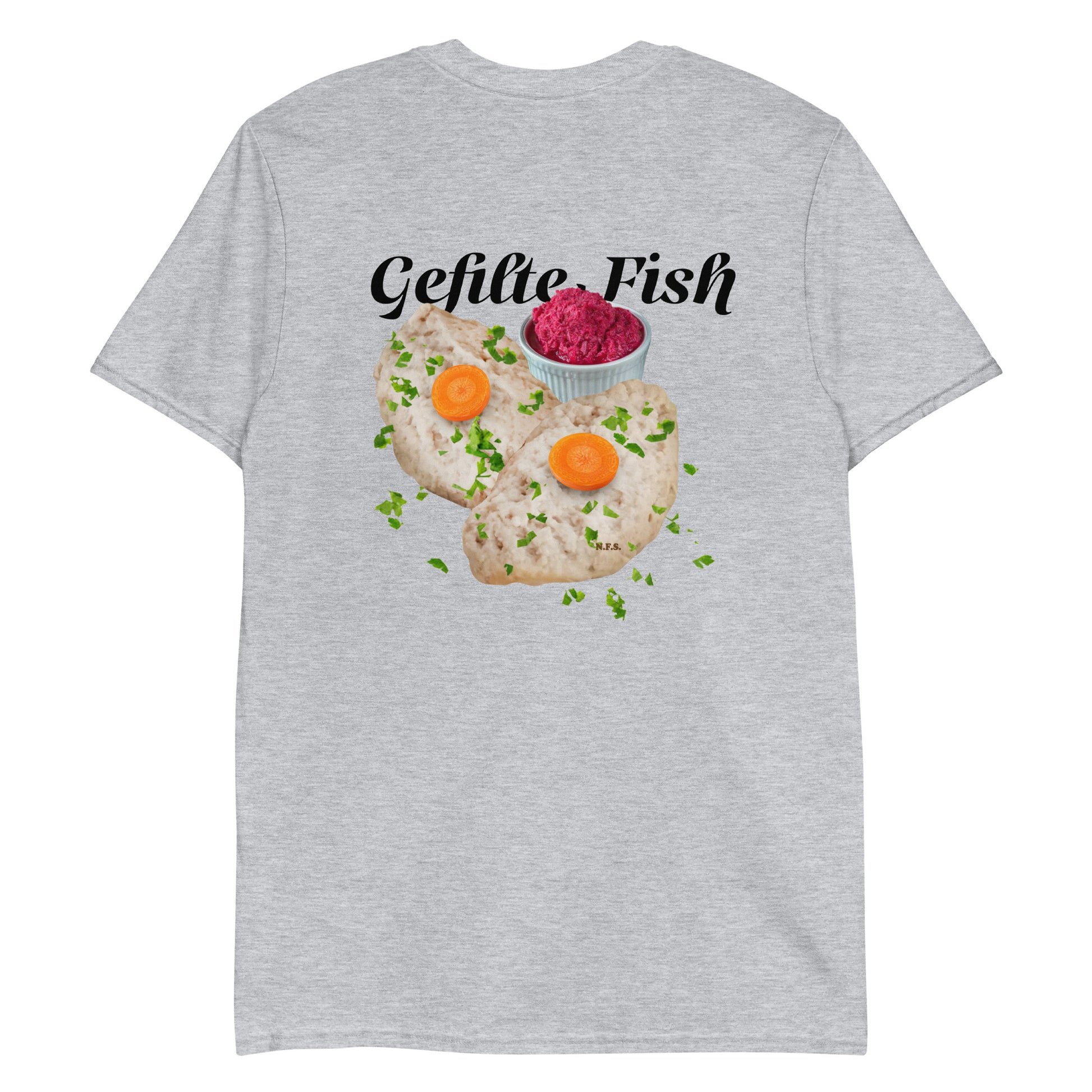 Gray Gefilte Fish Design Shirt - Love gefilte fish? Looking for a funny gift for an Ashkenazi? Our Gefilte Fish T-Shirt is just what you need. It's soft and comfortable with a unique Gefilte Fish Design, expertly printed on the front. 
