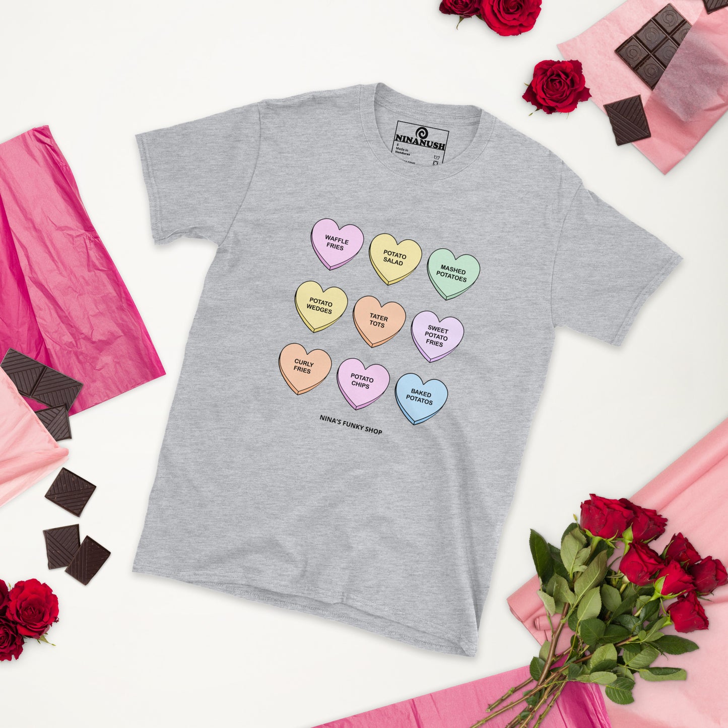 Gray Valentine's Day Colorful Hearts Potatoes T-shirt - Do you love potatoes? Looking for a Valentine's Day gift? Our Valentine's Potatoes T-shirt is just what you need. It's a soft and comfortable cotton shirt with a funny Valentine design of colorful hearts with different potato foods. It's the perfect graphic tee for Valentine's Day and everyday potato enthusiasts.