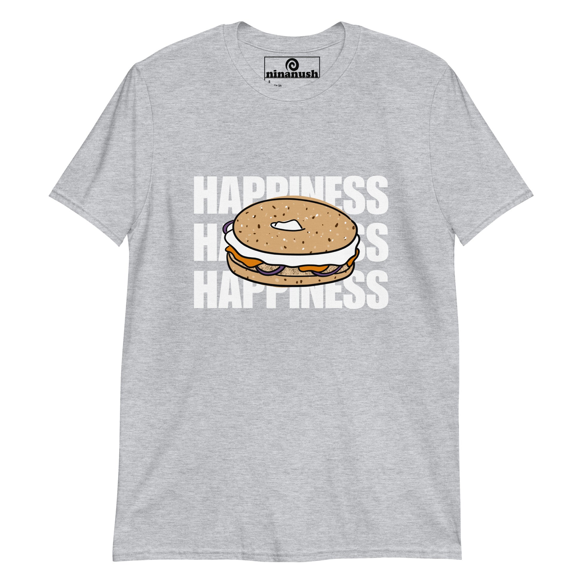 Light gray happy shirt for foodies - Do bagels make you happy? This unique bagel shirt is soft, comfortable and made just for you. Show off your love of bagels in this funny bagel lover t-shirt. It's a colorful and funky shirt for foodies of all kinds and everything bagel enthusiasts. Give this weird graphic tee as a gift for foodies or wear it on your everyday bagel adventures. 