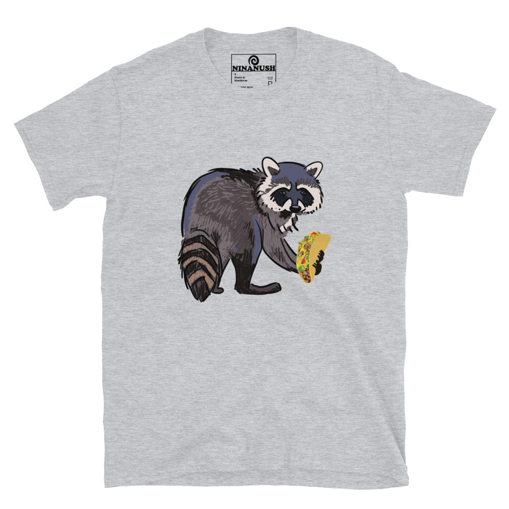 Light gray raccoon and taco t-shirt - This funky raccoon and taco lover t-shirt is colorful, hand drawn and made just for you. It's a classic comfortable t-shirt with a totally unique design of a raccoon eating a taco. Eat tacos in style or give this shirt as a funny raccoon lover gift. Celebrate your favorite foods in our funny food shirts and accessories. 